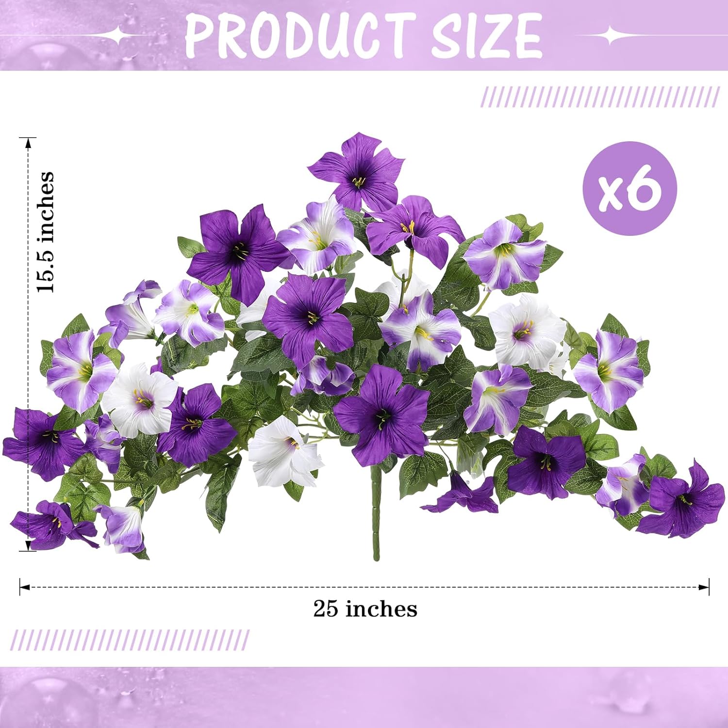 Giegxin 6 Pcs Artificial Petunias Fake Flowers for Outdoor Decoration, Faux Silk Morning Glory UV Resistant for Spring Summer Home Outside Garden Balcony Yard Porch Realistic Indoor Decor (Purple)