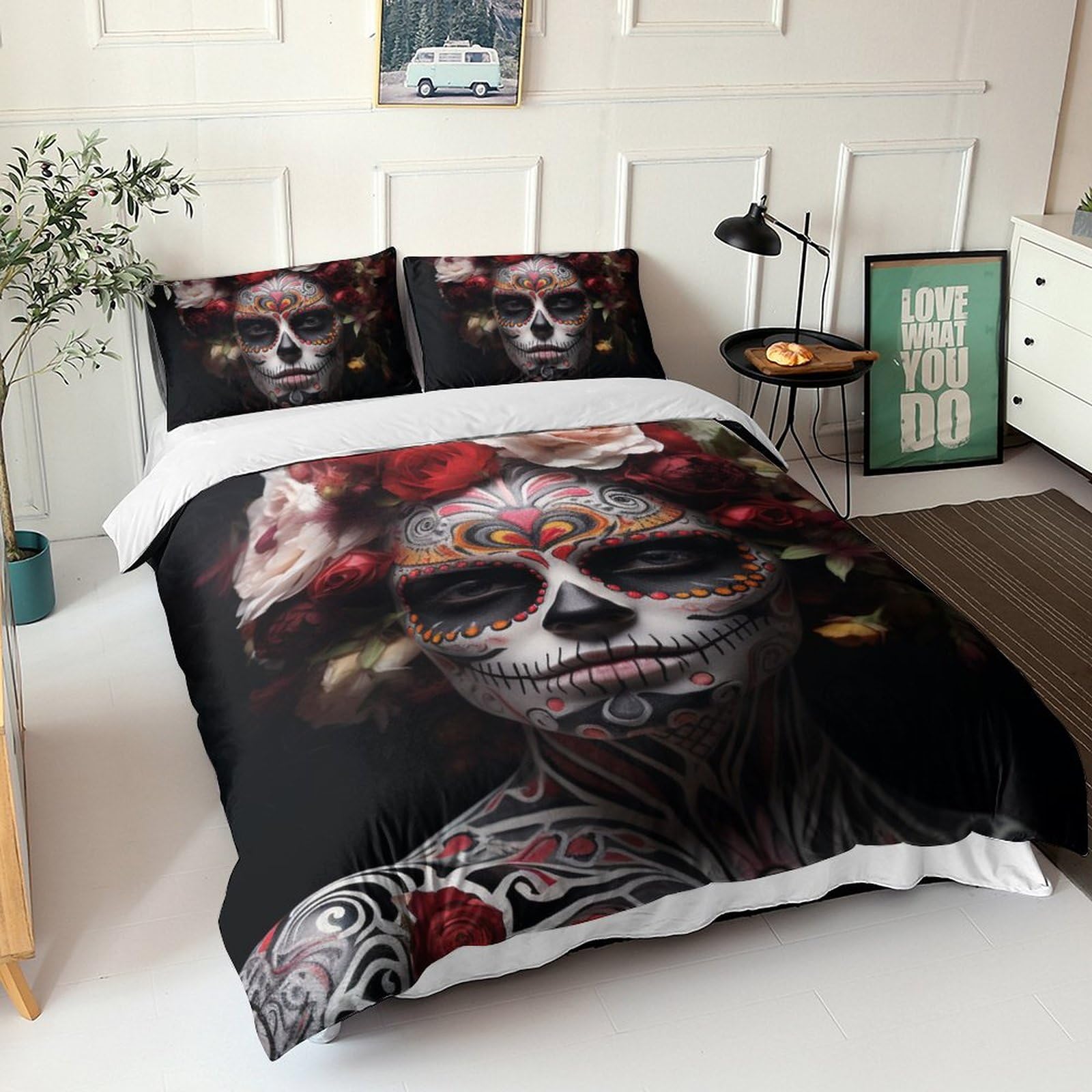 Housse de couette Gothic Skull parure de lit 3 pièces microfibre King size