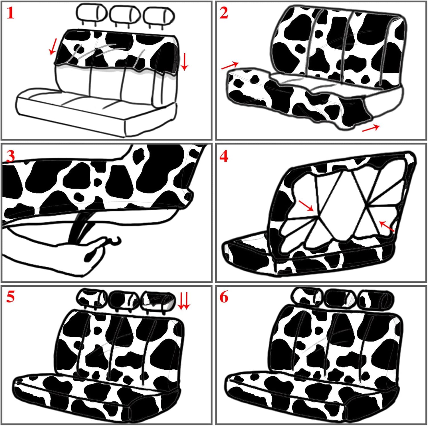 BBTO 26 Pcs Cow Print Car Accessories Cow Print Seat Covers Set Steering Wheel Cup Holders Foot Armrest Pads License Plate Seat Belt Mirror Handbrake Gear Cover Keyring for Truck SUV - Image 5