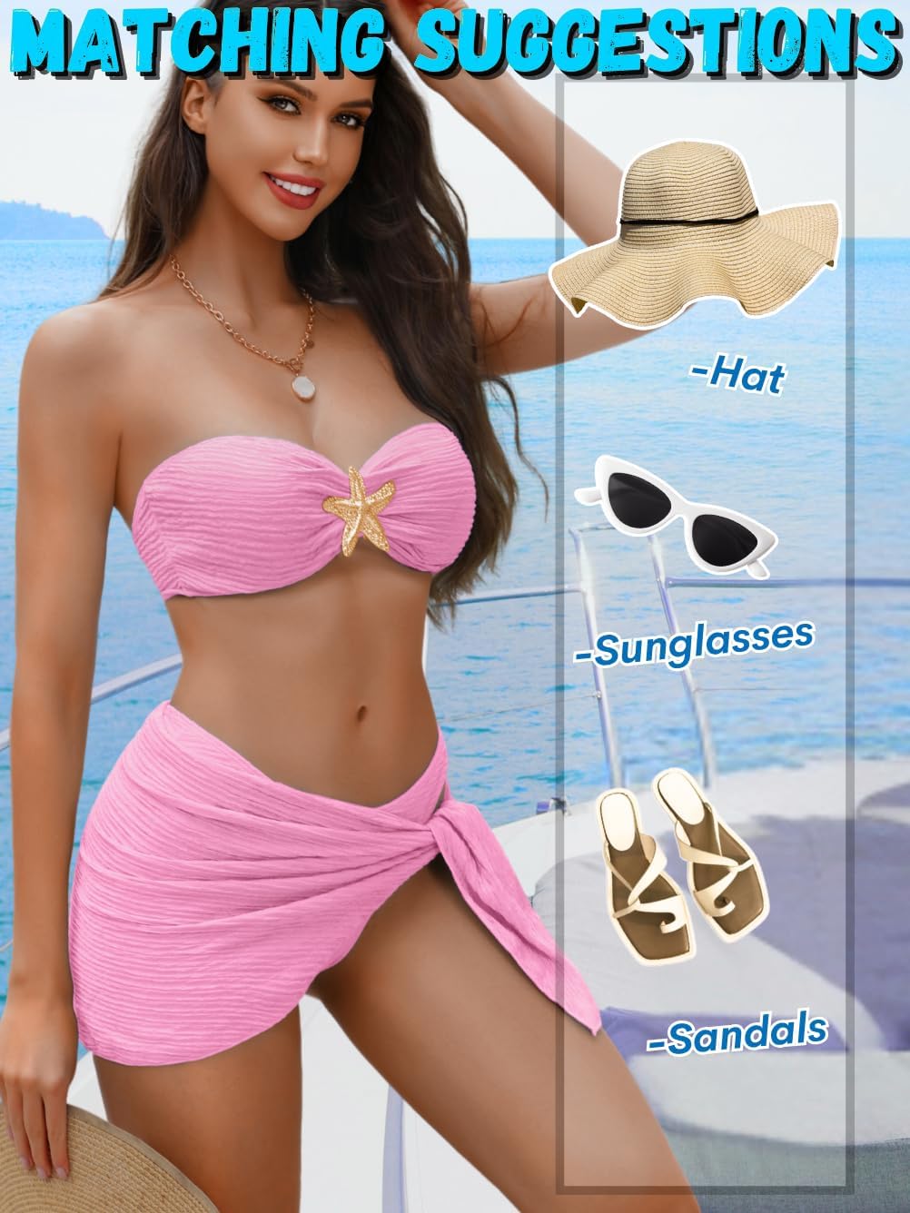 Sexy Womens Starfish 3 Piece Bikini Set, Textured Halter Bandeau Swimsuit Cover Up Skirt, Bathing Suit Beach Outfits - Image 6
