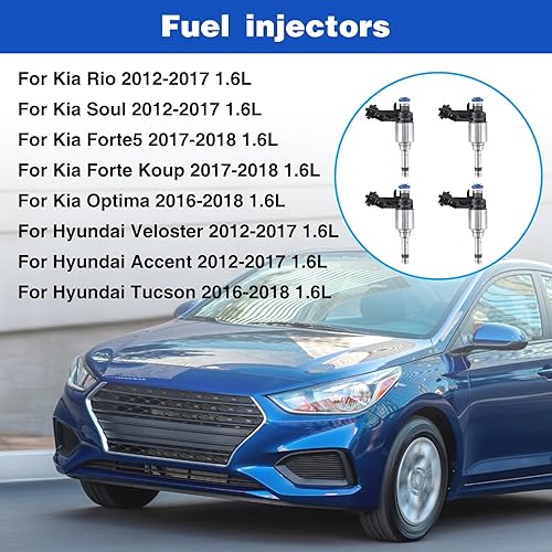 Miniatura 2 de Vorally Juego de 4 inyectores de combustible compatibles con Hyundai Accent Veloster Kia Rio Soul 2012-2017, inyector de combustible no turbo,