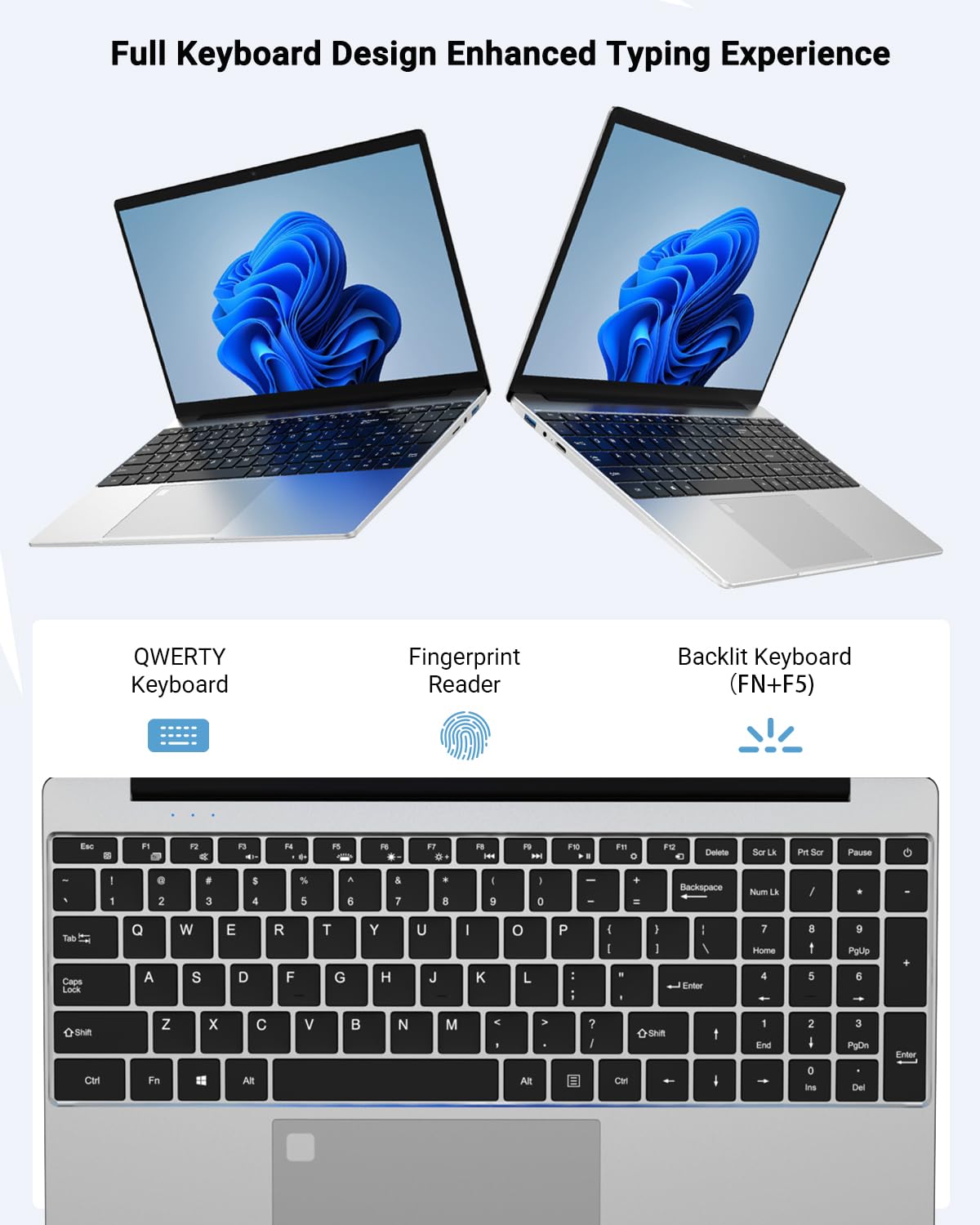 2026 PC Portatile da 15.6", Computer Portatile con Win 11 Pro, IPS FHD Notebook Celeron N5095, Laptop 8GB RAM 256GB SSD, USB 3.0, HDMI, 1920x1080, Wi-Fi 5, Impronta/Tastiera retroilluminata