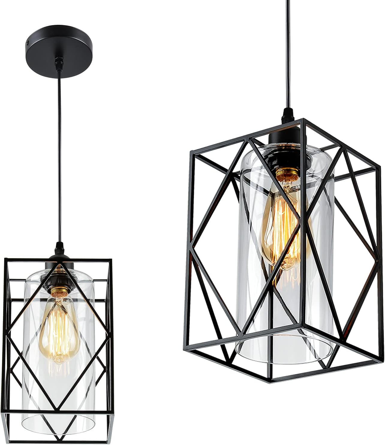 Stepeak Retro Ceiling Pendant Light Fitting with Metal Cage Glass lamp Shade, Industrial E27 Black Chandelier with Lamp Holder and Rose for Kitchen Loft Living Room Bedroom [Energy Class E]