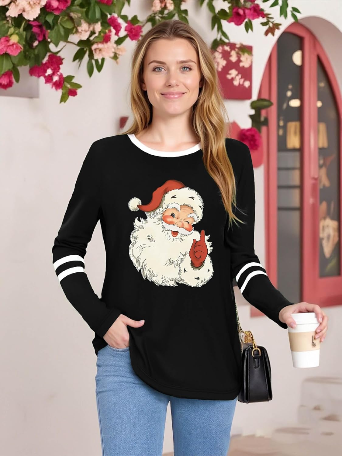 Christmas Shirts for Women Funny Santa Claus Snowflake Long Sleeve Tops Cute Xmas Holiday Blouse - Image 2