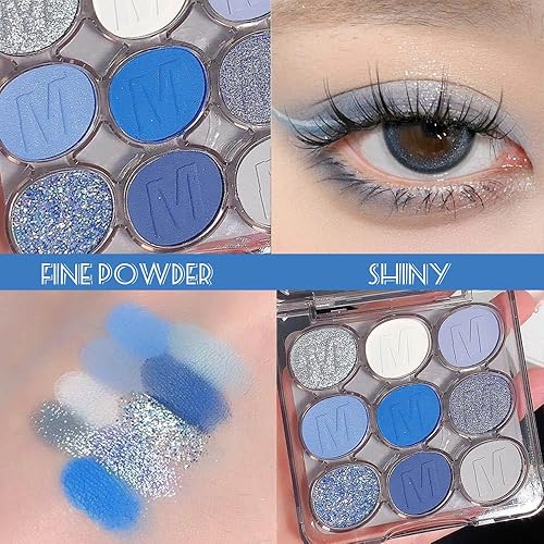 Miniatura 4 de Paleta de sombras de ojos de 9 colores azul plateado mate brillo para maquillaje de ojos, alta pigmentación blanca y gris sombra de ojos