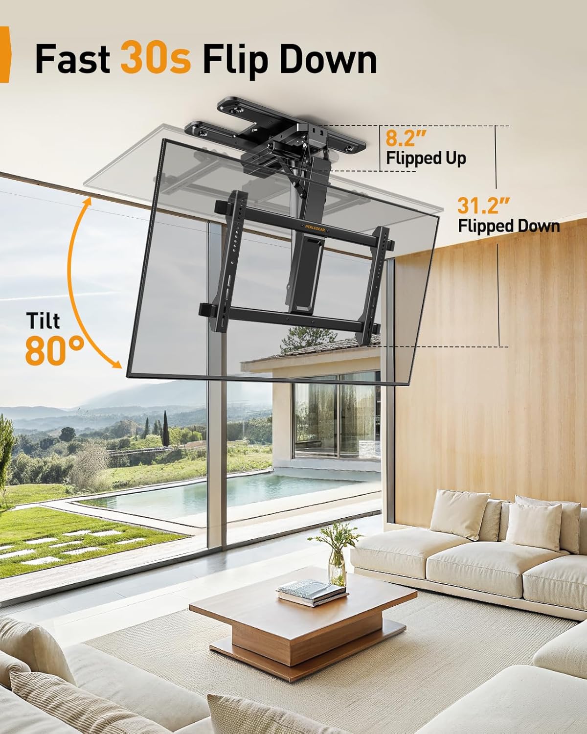 Perlegear Electric Ceiling TV Mount with App & Remote, Motorized Ceiling Mount Full Motion for 32″-75″ Flat and Curved TVs up to 110 lbs, Max VESA 600x400mm, Flip Down TV Mount for Flat Roof, PGCM12B
