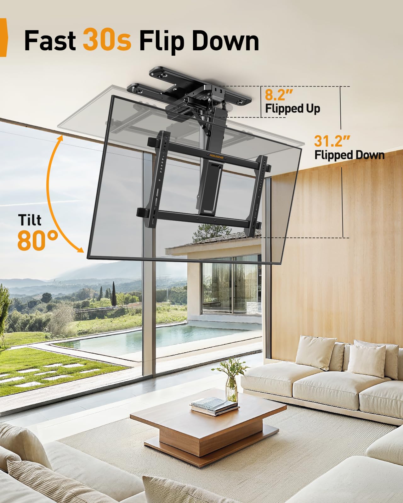 Perlegear Soporte eléctrico de techo para TV con aplicación y control remoto, soporte de techo motorizado de movimiento completo para televisores planos y curvos de 32 a 75 pulgadas de hasta 110