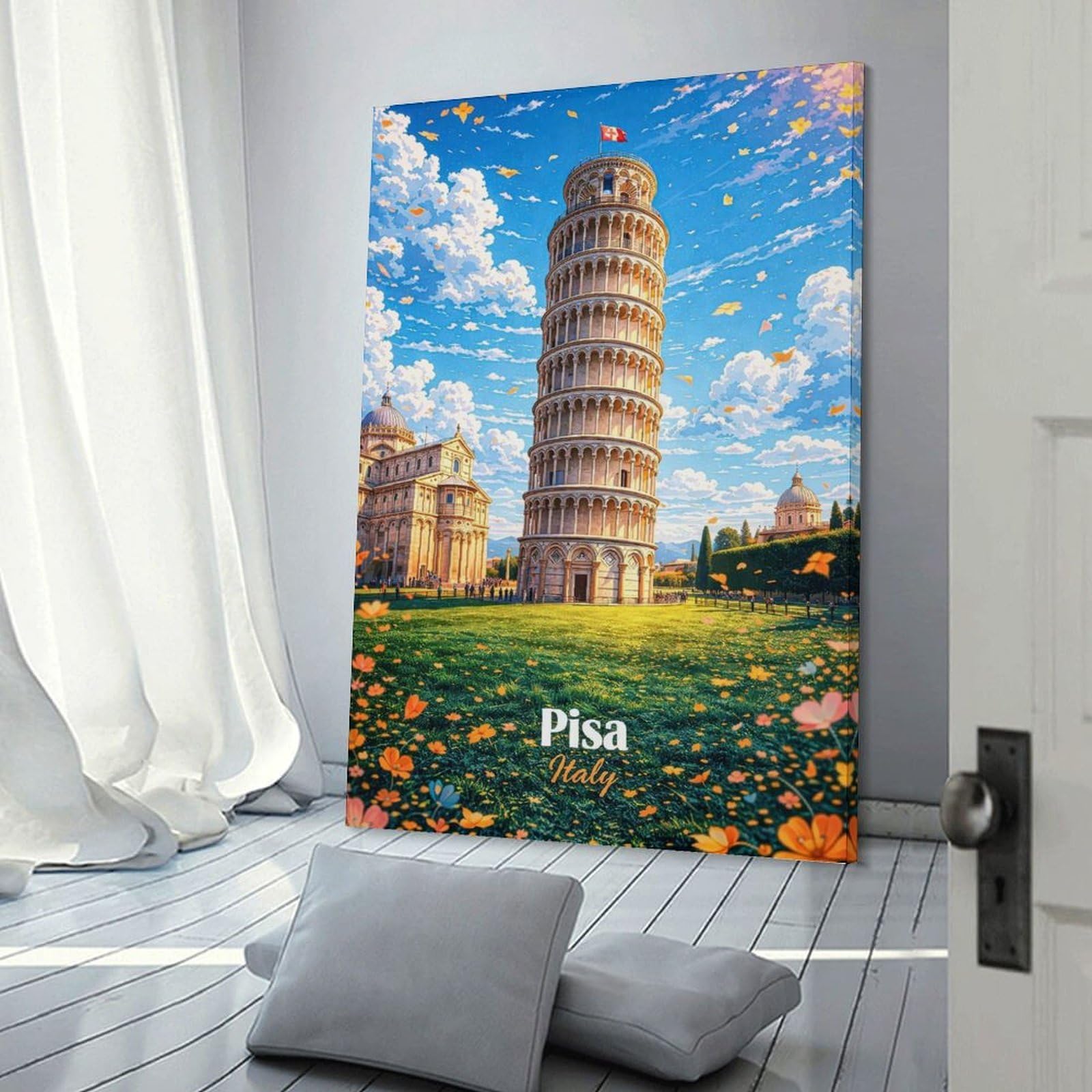 Room Decor Wall Art Leaning Tower of Pisa with Flowers, 20x30inch(50x75cm), for Wall Displays, Bedrooms Or Room Updates, An Easy Match for Collected Prints