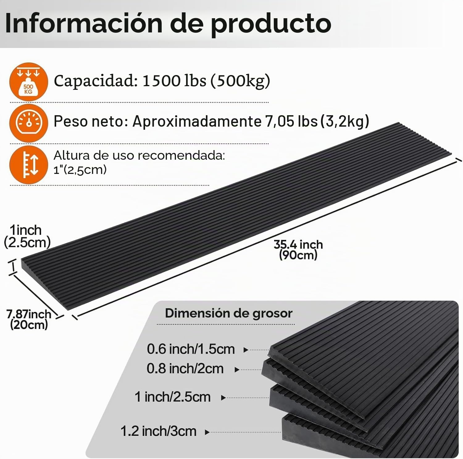 Rampa de umbral de 2,5 cm de inclinación de Goma Antideslizante para Puertas, calzadas, baños, pedestales elevados para sillas de Ruedas, Scooters, andadores y sillas de Ruedas (2,5cm elevar)
