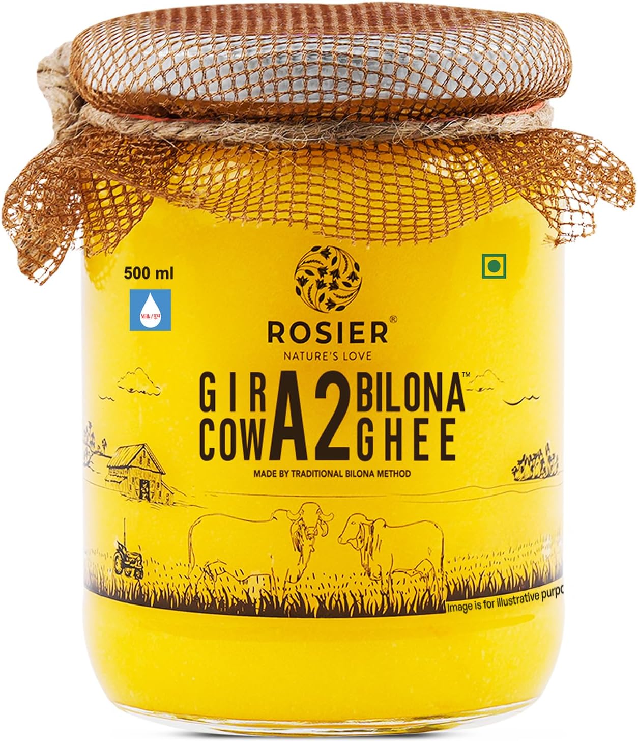 ROSIER A2 Gir Cow Ghee (500 ml) | Traditional Bilona Method A2 Ghee | Grassfed, Pure and Healthy Desi Cow Ghee (Glass Bottle - 500 ML)