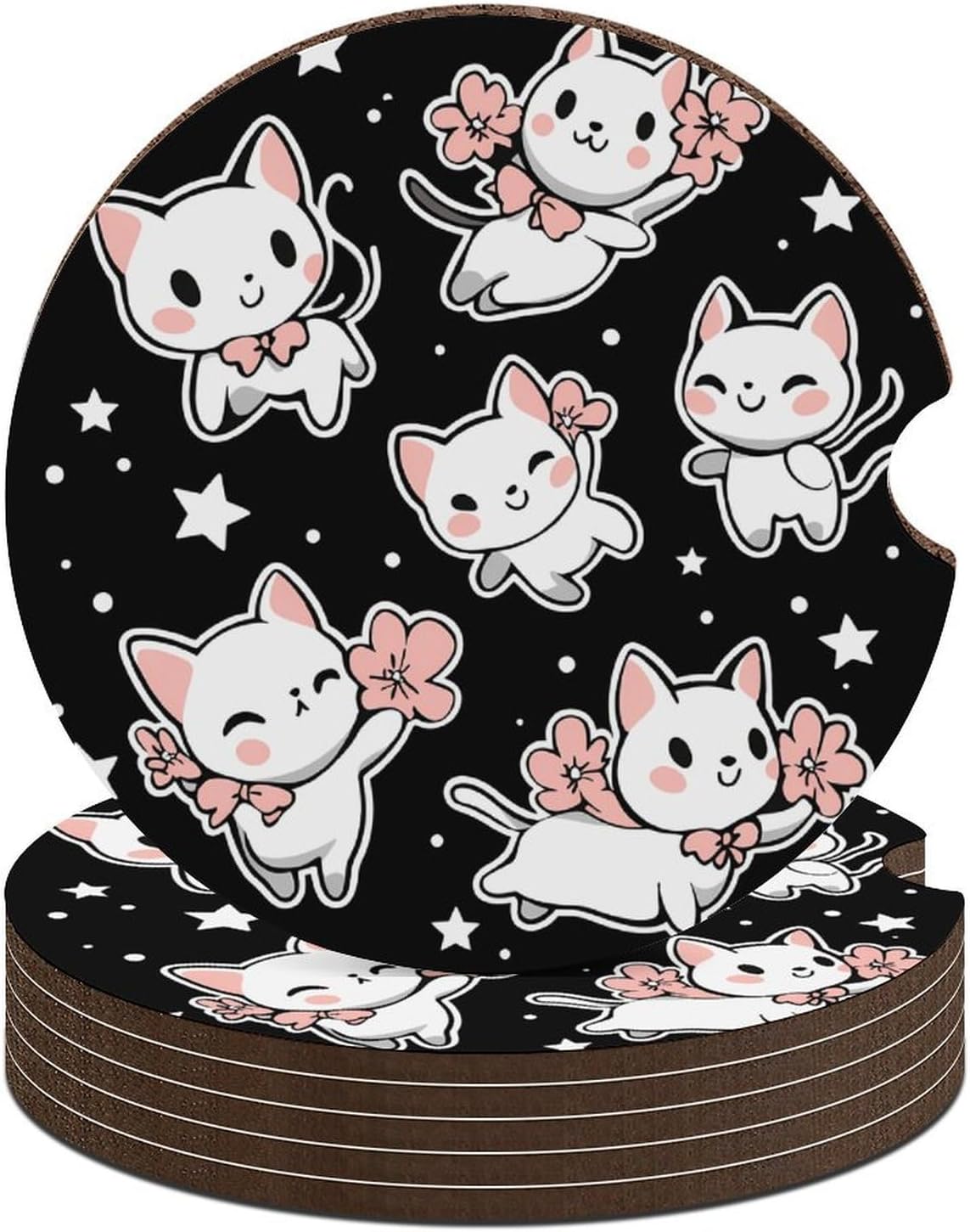 Coquette Cats Car Cup Holder Coaster with Cork Base 2.6 Inches Anti Slip | Absorbent Cute Car Accessories Interior Fashion Decor with Finger Notch