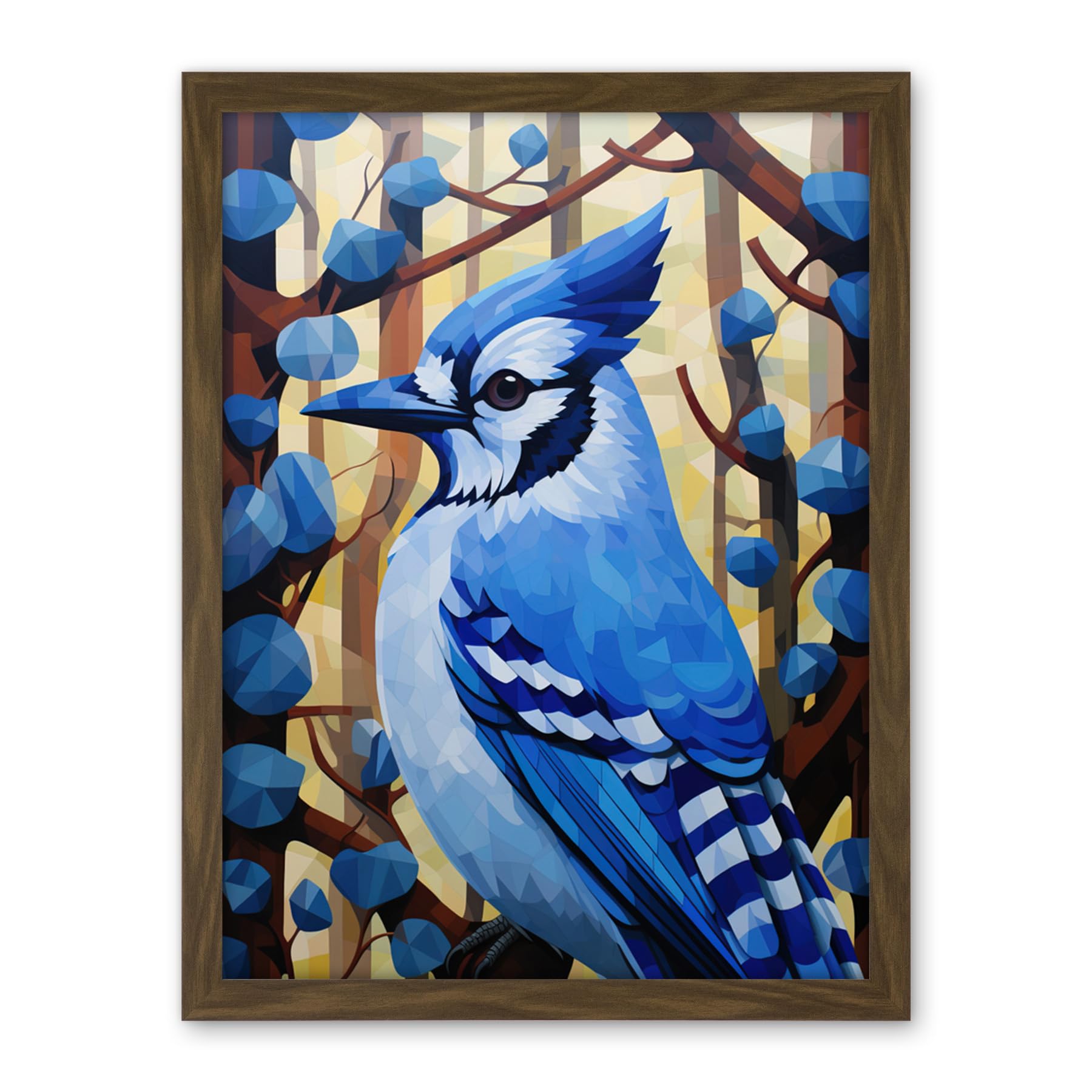 Artery8 Blue Jay Geometric Artwork Wild Bird Perched on Tree Polygonal Forest Landscape Artwork Framed Wall Art Print 18X24 Inch
