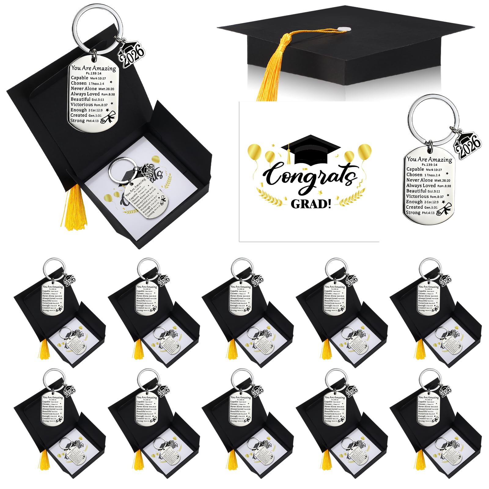 Quelay 12 Sets Graduation Keychain Gift Graduation Christian Keyring with Doctoral Hat Gift Box for Class of 2026 Grad