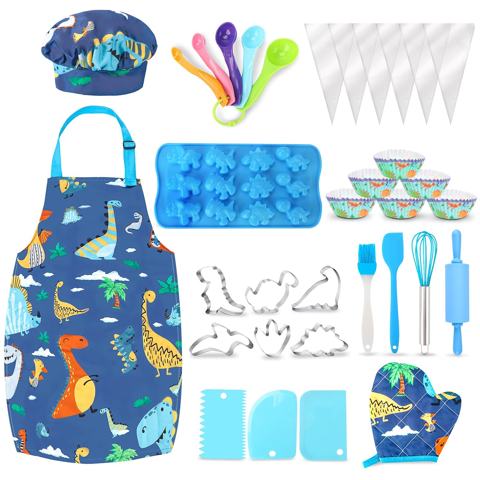 NALACAL Kids Baking Set with Dinosaur Apron and Chef Hat, Cooking Chef Set Baking Supplies with Mitt & Utensil, Dress Up Chef Costume Role Play Toys, Birthday Pretend Play Gift for 3-8 Years Old