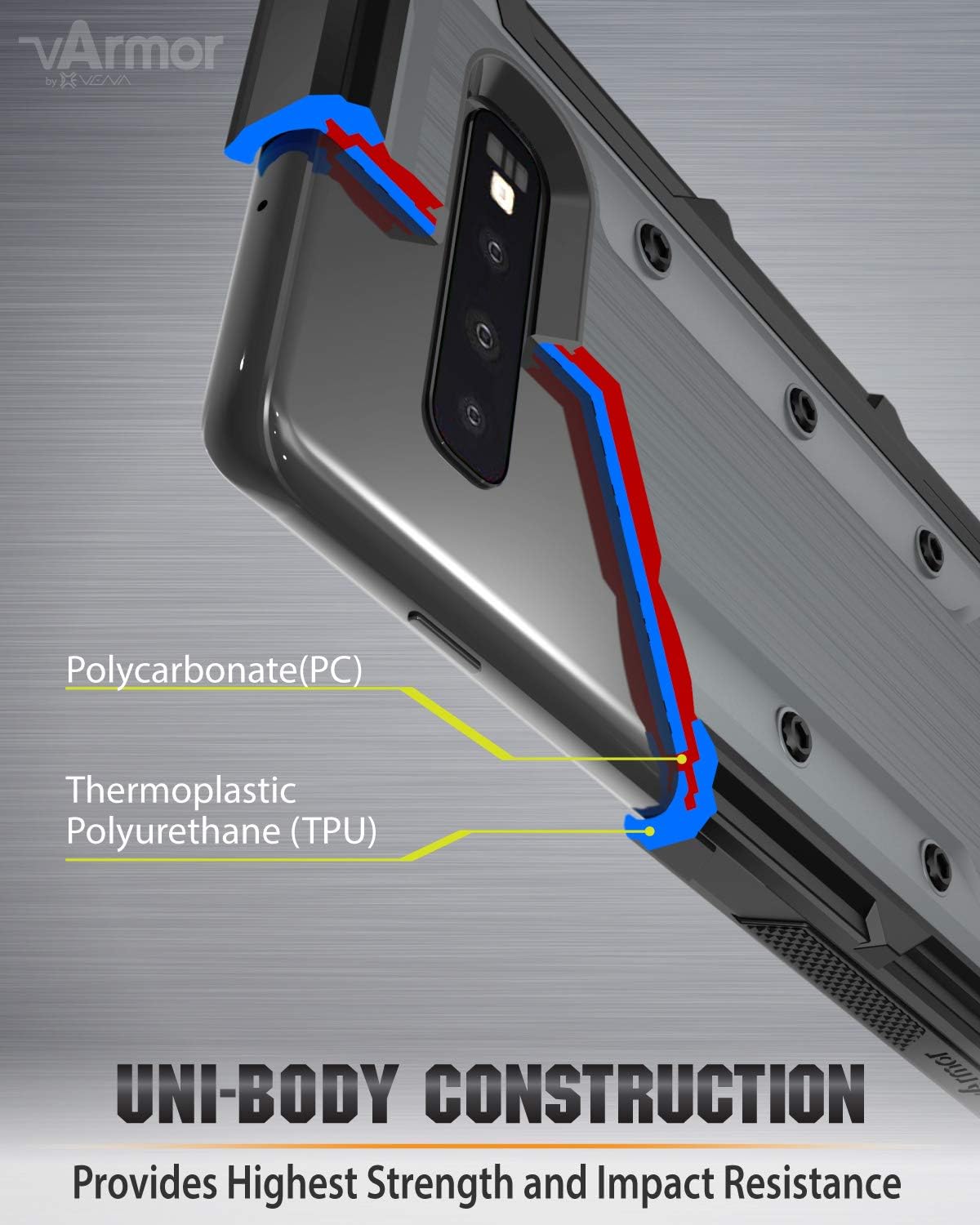 Vena Galaxy S10 Plus Rugged Case, vArmor (Military Grade Drop Protection) Heavy Duty Holster Belt Clip Cover with Kickstand Designed for Samsung Galaxy S10+ - Space Gray