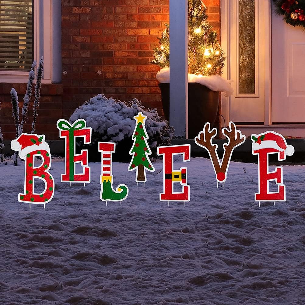 Glitzhome 7 Sets Believe Christmas Yard Stake, 23" H Garden Ornaments Metal Wall Decor Believe Garden Stakes Decorative Sign for Christmas Decorations : Everything Else
