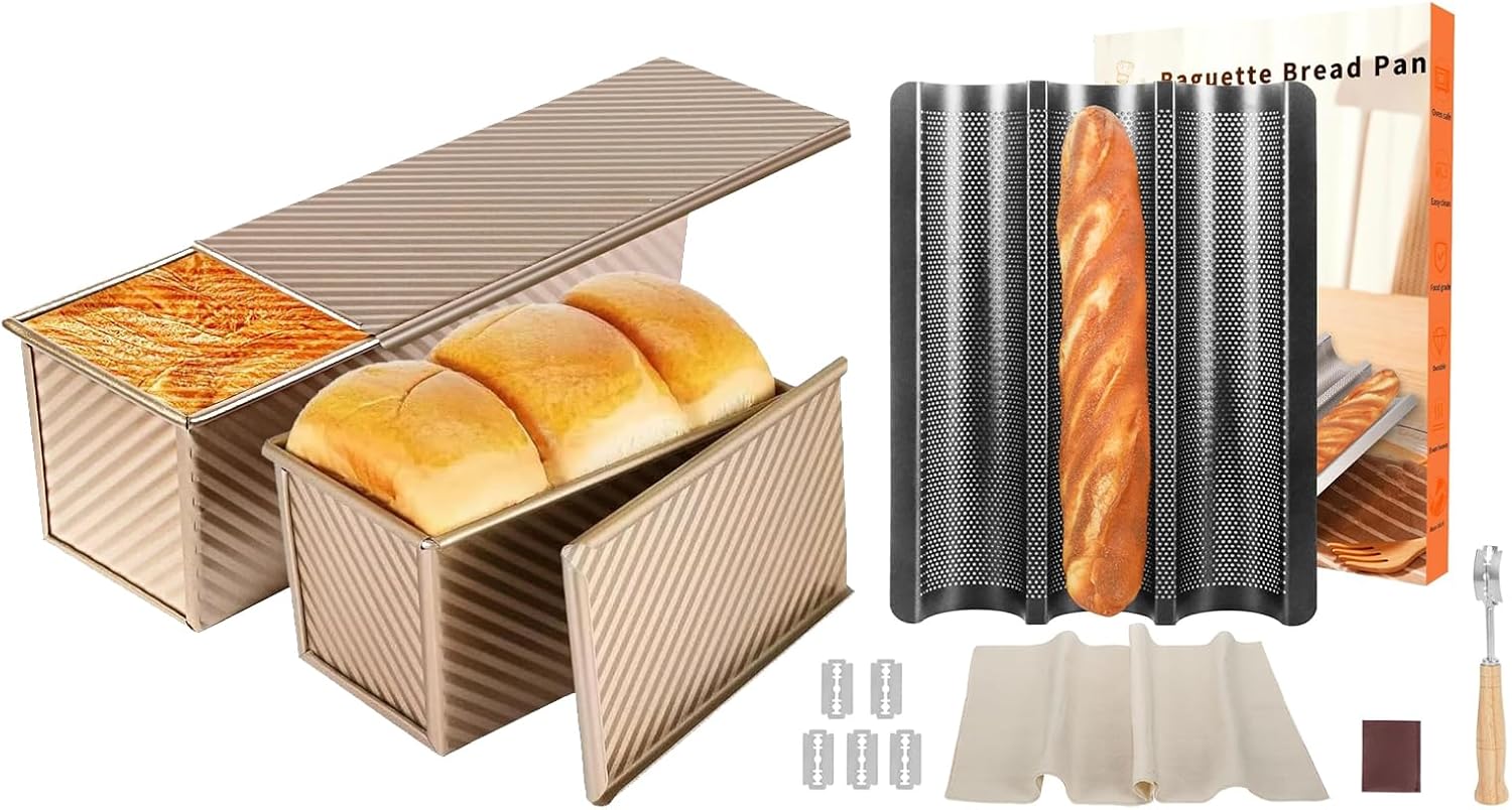 Baguette Bread Pan, Pullman Loaf Pan with Lid 13 In, 3 Pcs Bread Pan Nonstick, Oven Safe 3-Loaves Baguette Tray for Baking Homemade Bread, Gold and Black
