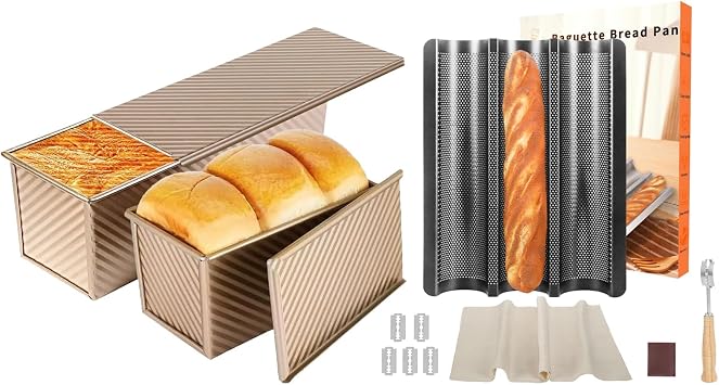 Baguette Bread Pan, Pullman Loaf Pan with Lid 13 In, 3 Pcs Bread Pan Nonstick, Oven Safe 3-Loaves Baguette Tray for Baking Homemade Bread, Gold and Black