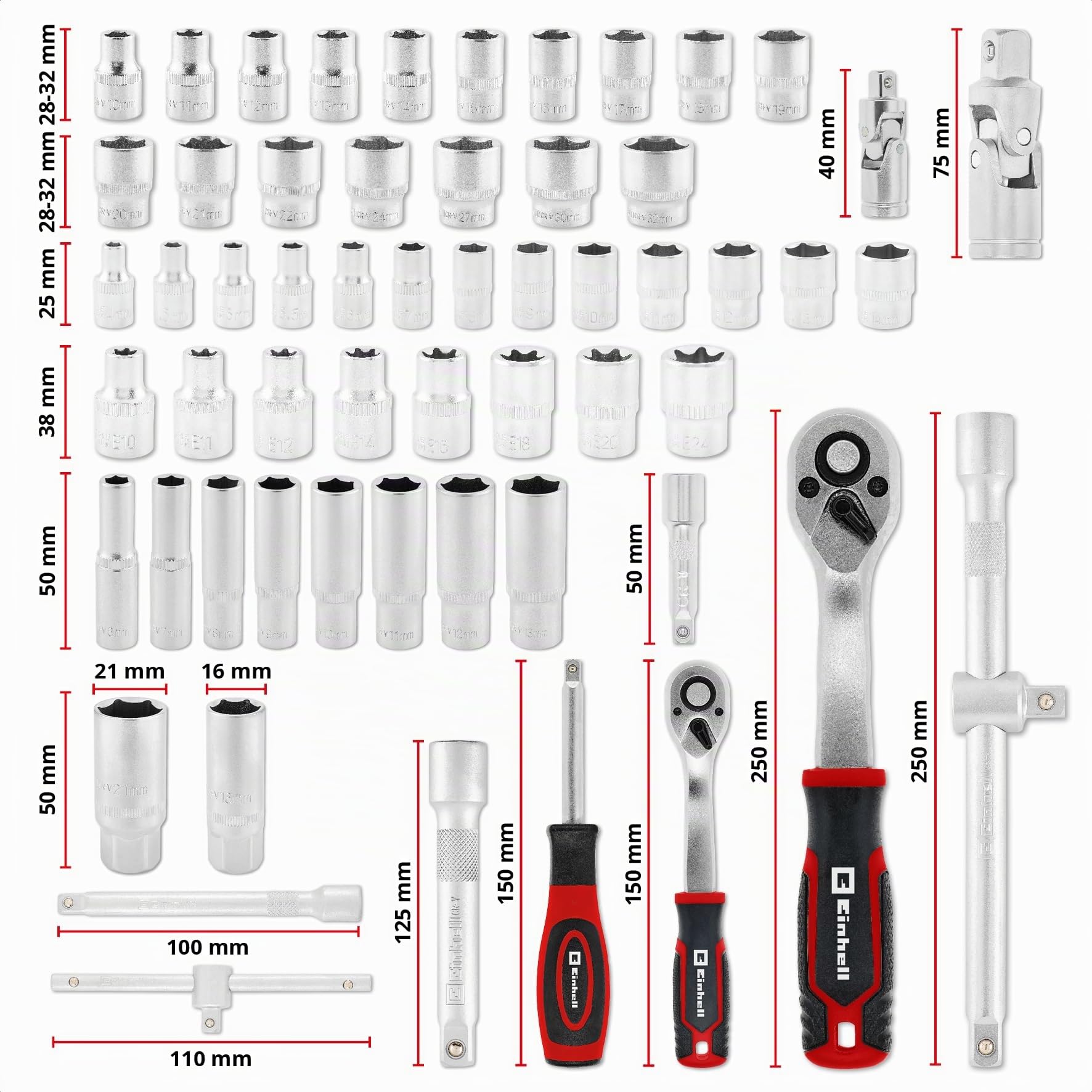 Einhell E-Case inserto portautensili 60 pezzi set di bussole e cricchetto | Cricchetti | bussole per candele | bussole | prolunghe per bussole | giunti cardanici | sistema E-Case