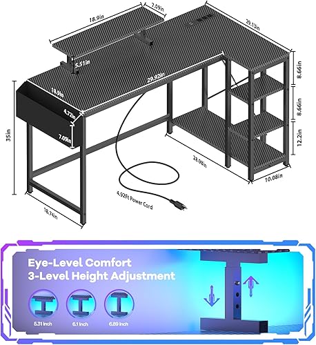 Miniatura 3 de Escritorio en forma de L para juegos con luces LED y toma de corriente, escritorio de computadora reversible de 40" con soporte ajustable para