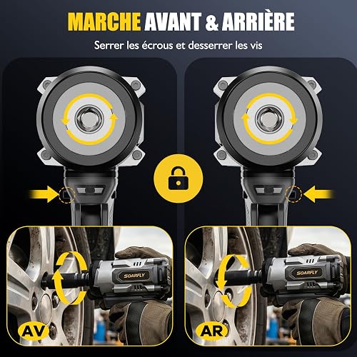 SoarFly cle a choc sans fil 1500N.m 21V, boulonneuse a choc brushless 1/2 pouce, clé à choc avec 2 batteries 4.0Ah, 3 vitesses LED, coffret douilles pour auto camion bricolage - 6