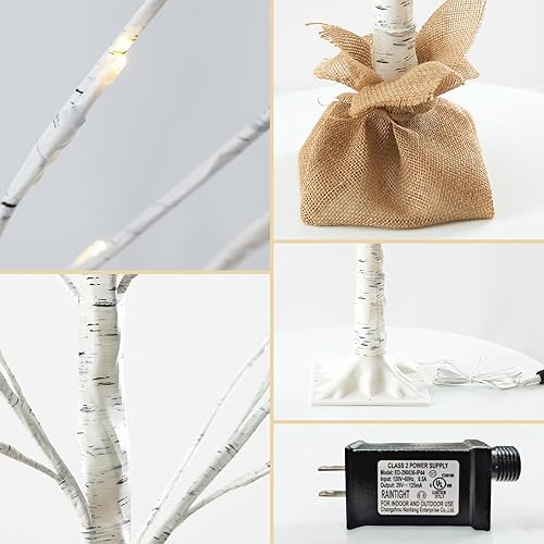 Miniatura 6 de HOLILLUMA Árbol de Navidad iluminado, árbol de Navidad de 56 LED de 4 pies con decoración de arpillera, blanco cálido, IP44 impermeable, fuente de