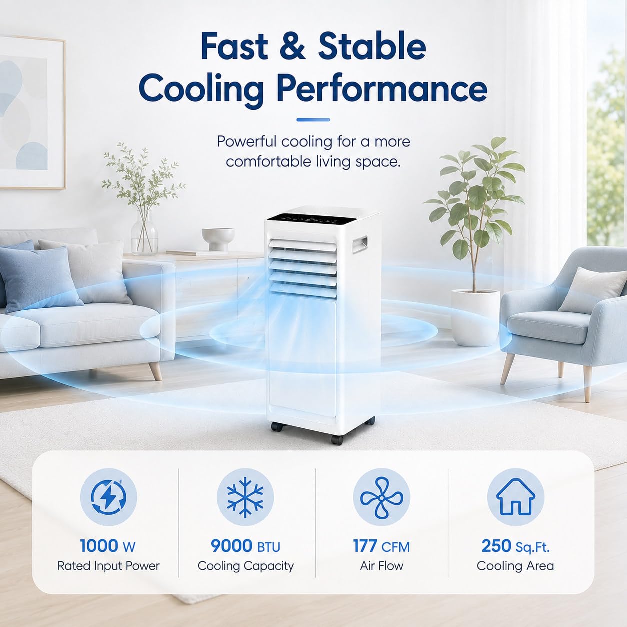 Climatizzatore Portatile 9000 BTU con Kit Finestra e Tubo di evacuazione, 3 in 1 con deumidificatore e Ventilatore, Doppio drenaggio, Filtro Lavabile, per stanze 8–12 m² e Ufficio