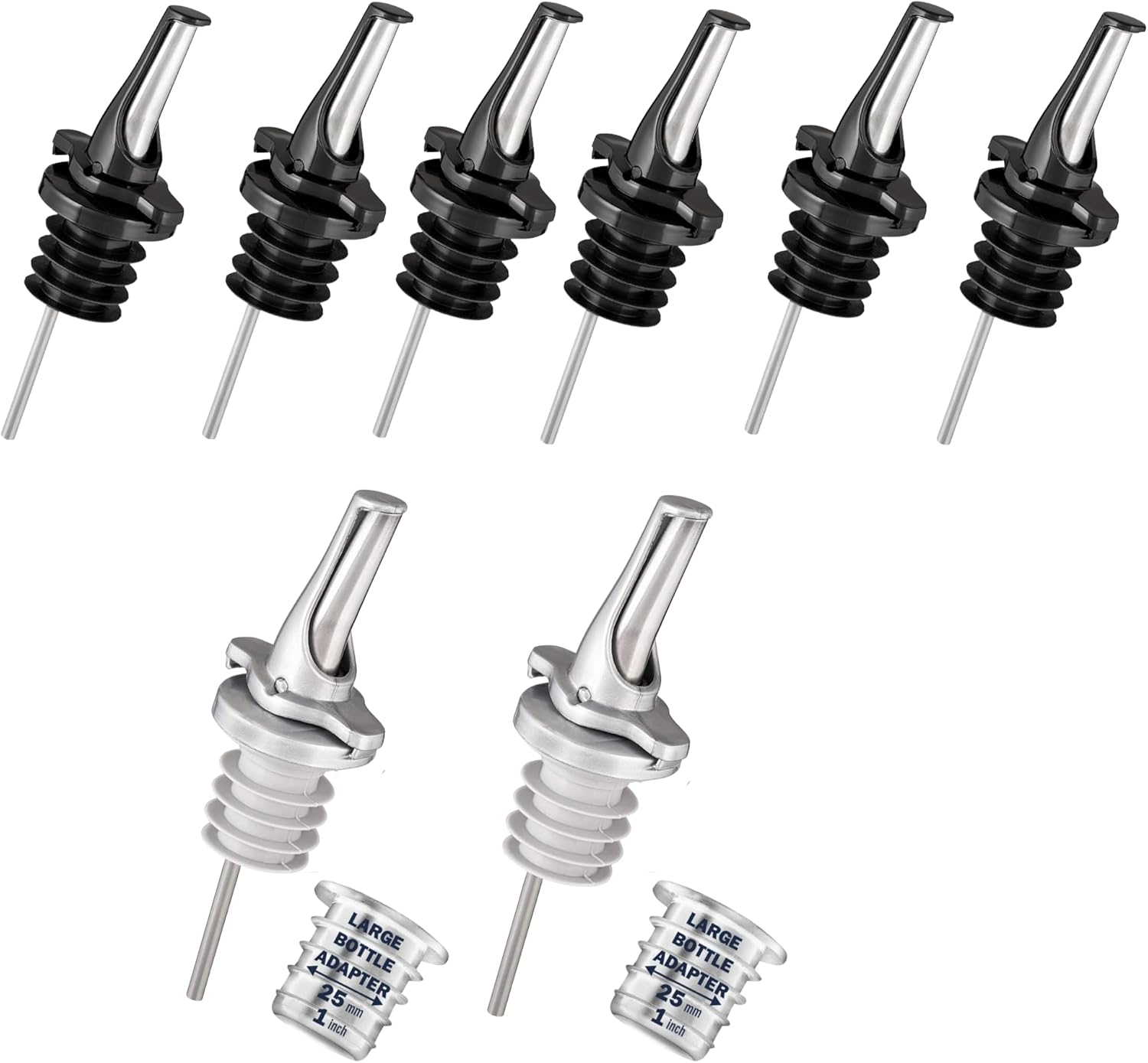 Poura 6 Liquor Pour Spouts (Black) plus 2 Liquor Pour Spouts (Silver) with Built-in Caps for Optimal Fly & Dust Protection - Dishwasher Safe, Hygienic Spouts - with 2 Adapters for Large Neck Bottles