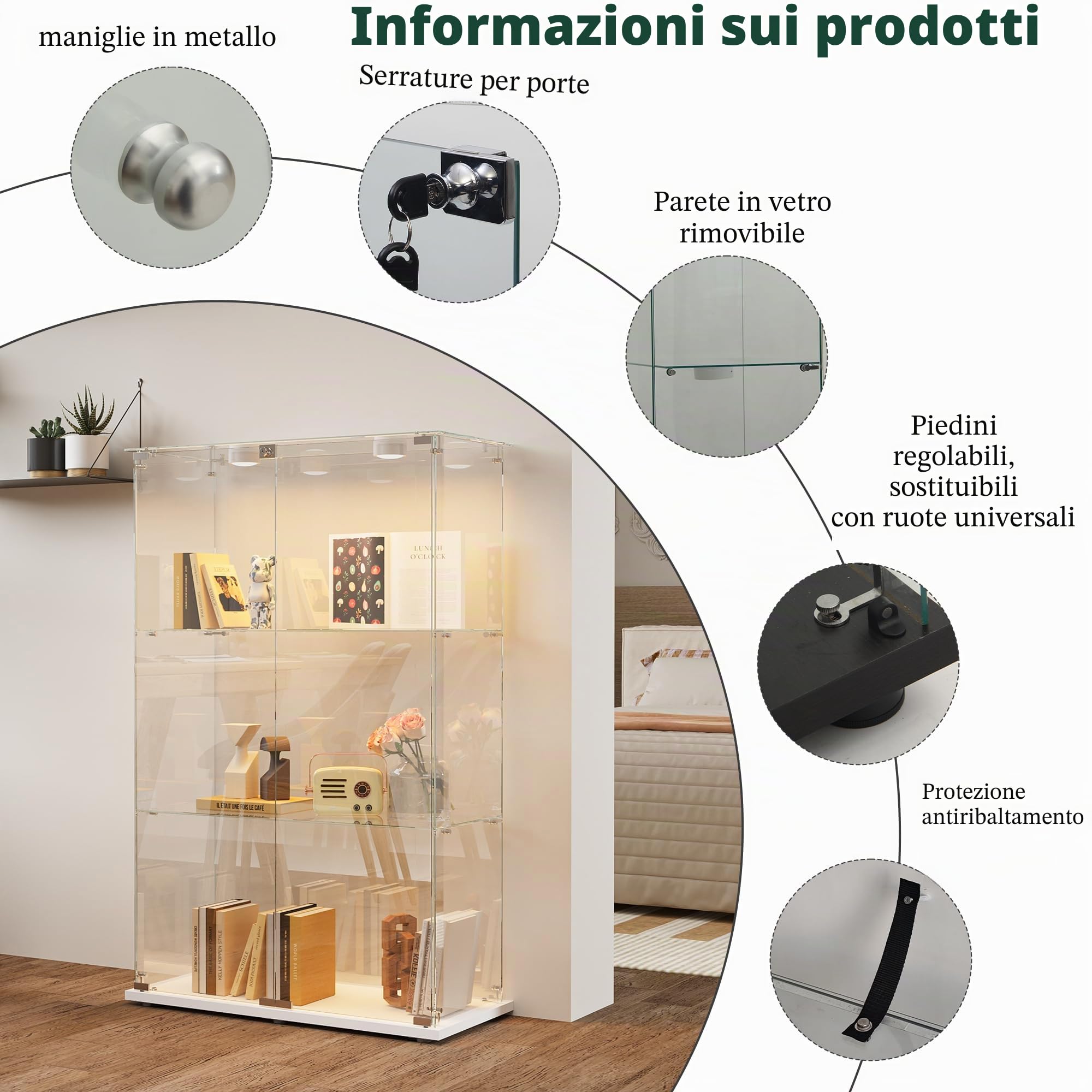 Vetrina in vetro con luci a LED, armadio EE, 3 ripiani e 2 porte, per collezione, camera da letto, soggiorno e sala da pranzo, 123 x 78,5 x 35 cm