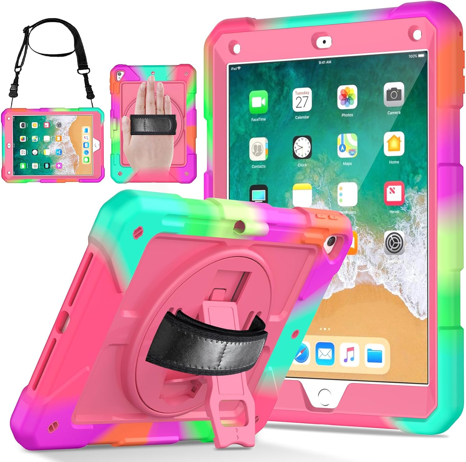 LTROP iPad 6th Generation Case,iPad 5th Generation Case,iPad 9.7 Case,iPad Air 2 Case for Kids,Shockproof Case with Pencil Holder/360 Rotating Stand/Hand Strap for iPad 2018/2017 9.7 inch, Pink