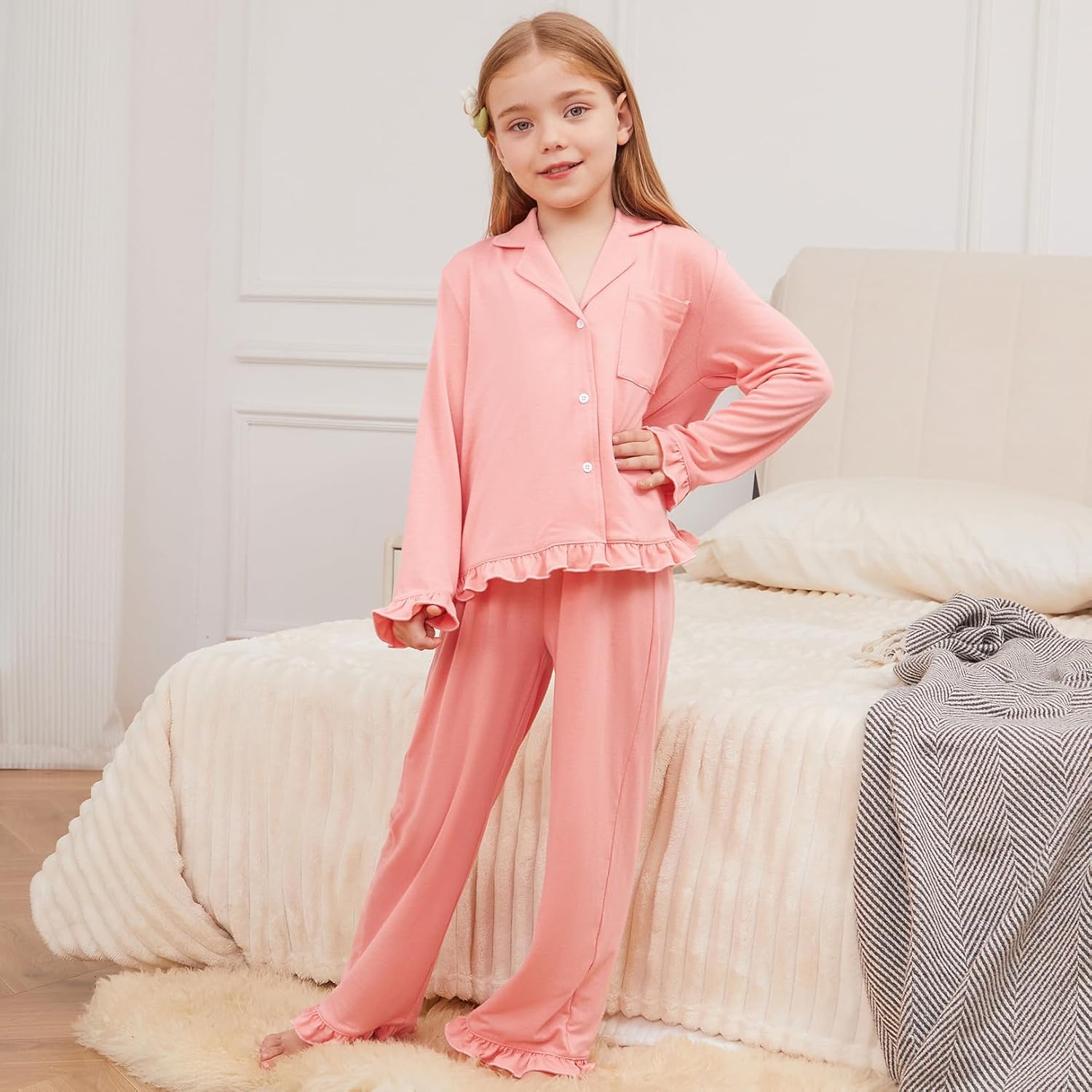 QPANCY Girls Pajamas Sets Ruffle Long Sleeve Button Down Sleepwear Loungewear kids 2 Piece Pjs Set - Image 2