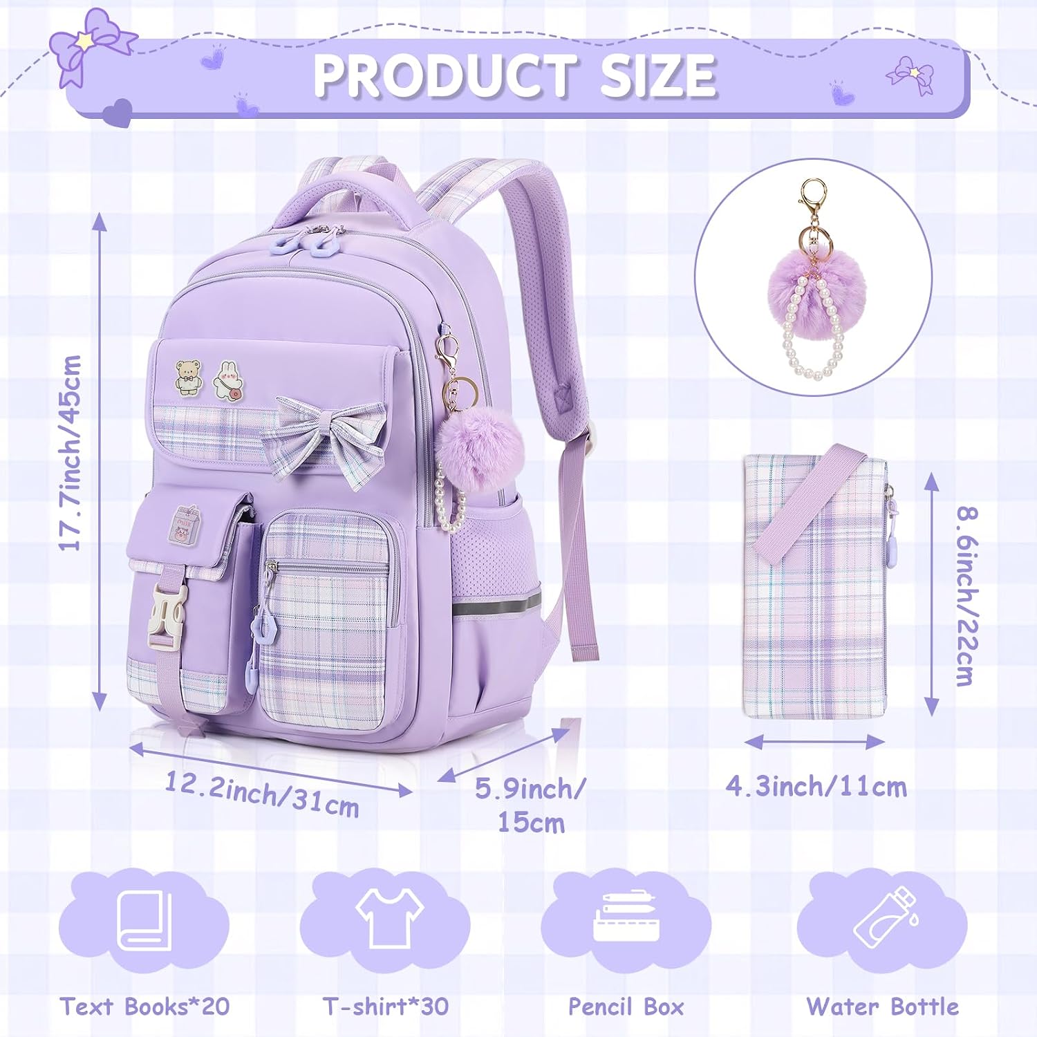 MOONBABY Girls Backpack, Kids Backpack for Girls School Bags with Pen Case, Bow Plaid Book Bag for Elementary Middle Primary High School College, Purple-2pcs