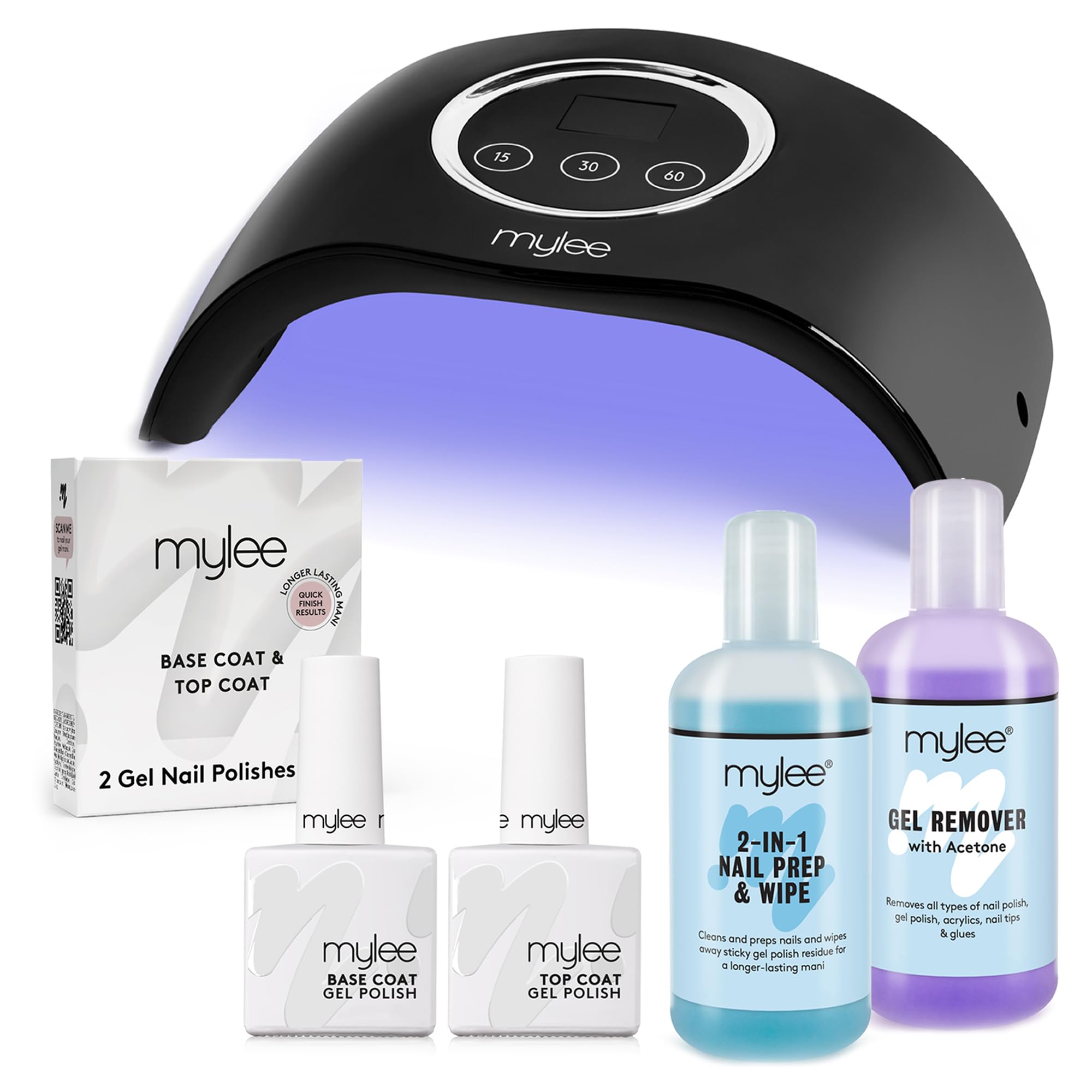 Mylee LED Gel Polish Drying Lamp Kit, Compatible with All Nails, Kit Includes Petite LED Curing Lamp, Top & Base Coat 2x10ml, Nail Prep & Polish Wipe 125ml, Gel Remover 125ml