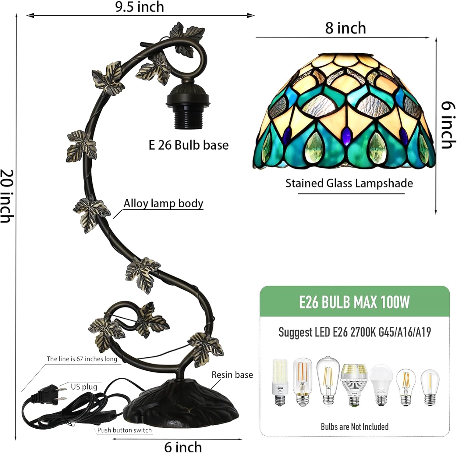 Tiffany Lamp Stained Glass Style Table Lamp 8 x 10 x 21” Peacock Feather Bedside Reading Light with Arched Metal Leaf Base for Desk Bedroom Living Room Study