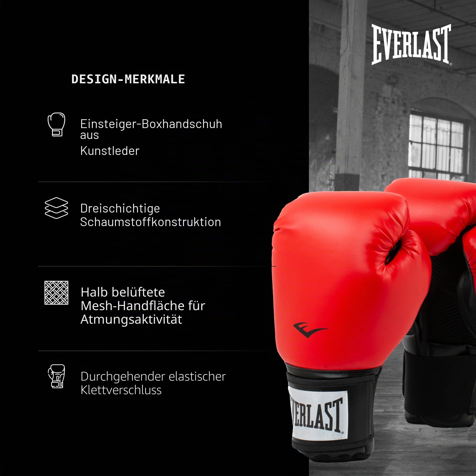 Everlast Prostyle 2 8oz Boxhandschuhe, Schwarz, für Sandsäcke, Pratzenarbeit & Fitness, Klettverschluss, Griffband