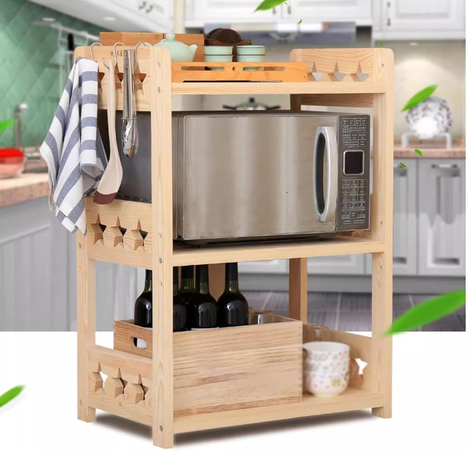 Adjustable Wooden Corner Shelf for Kitchen, Free Standing Storage Rack for Cling Film, Baking Sheets, Microwave - 64.5 x 38 x 118 cm, Space-Saving nizer
