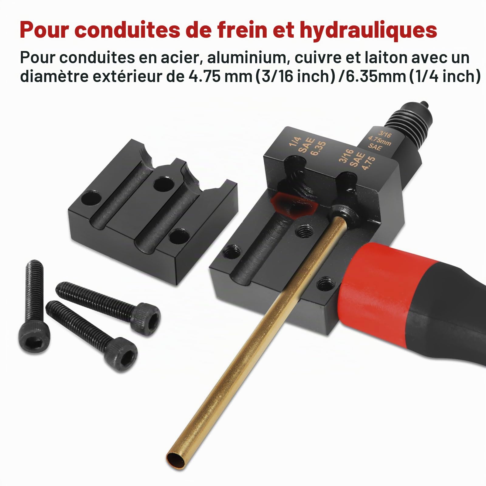 Kit d'évasement pour conduites de frein SAE - Kit d'évasement à double tête - Pour conduites de frein de voiture de 4,75 et 6,35 mm - Avec câble de frein de 7,62 m de diamètre et 4,75 mm et 16