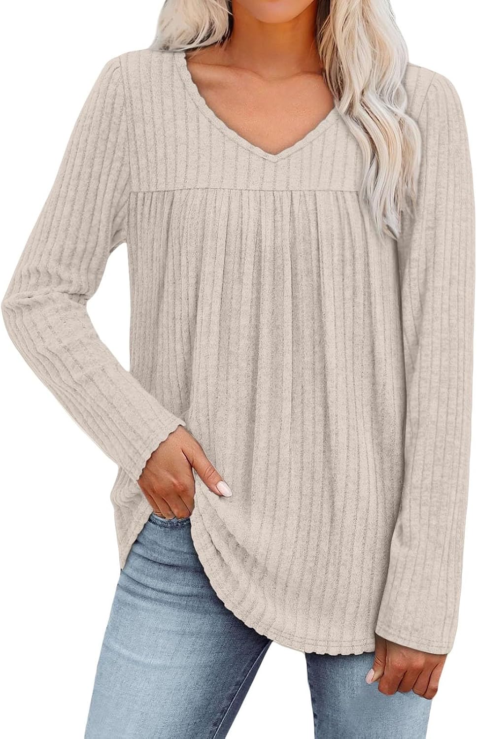 V Neck Long Sleeve Shirts for Women Pleated Lightweight Tunic Sweaters Casual Fall Tops Fashion Clothes Loose Fit 2025