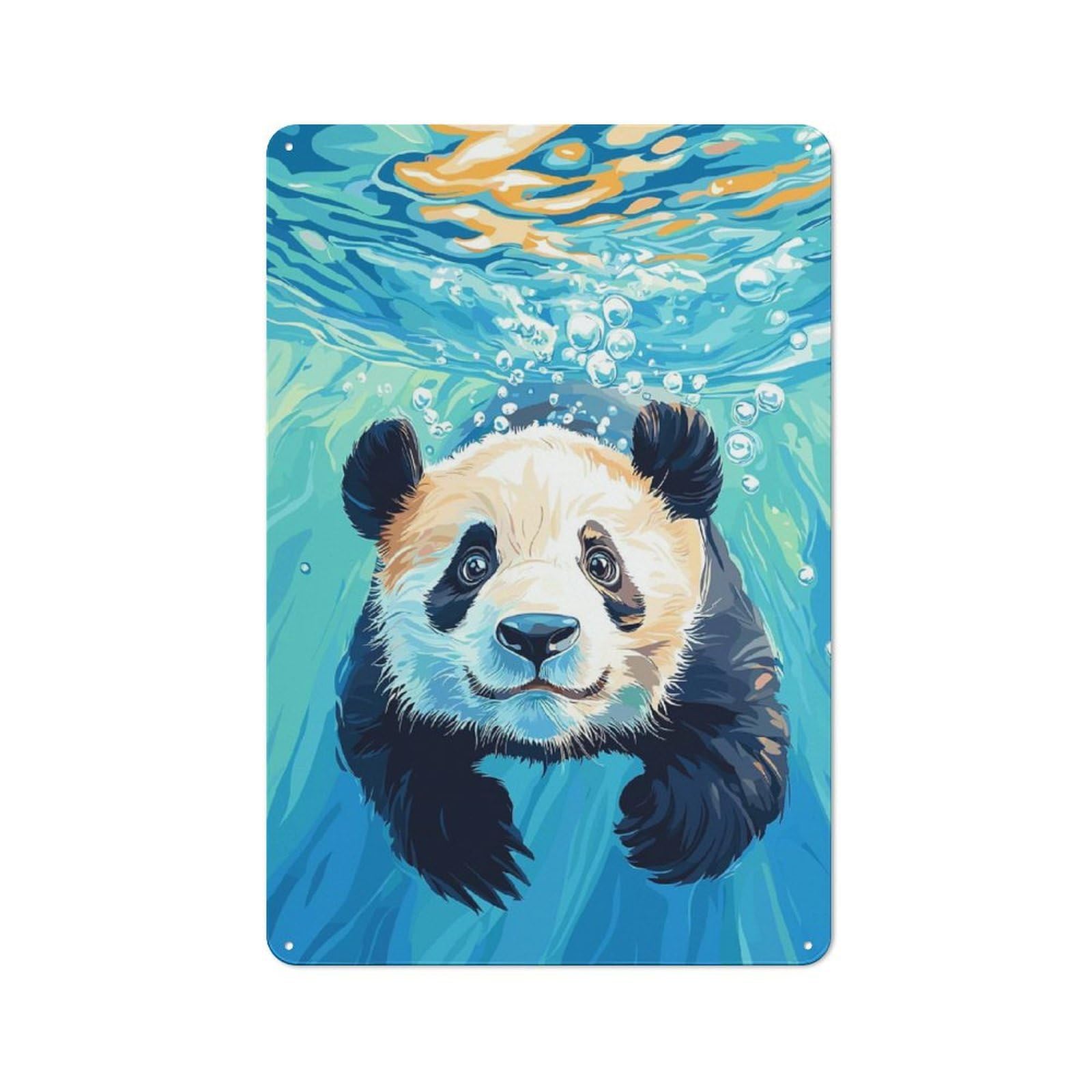 Junmoney Style-22 Vintage Metal Sign 30X20cm Featuring Panda Swimming Underwater Illustration For Pub Or Café, Wall Decor For People Reorganising Pub And Café