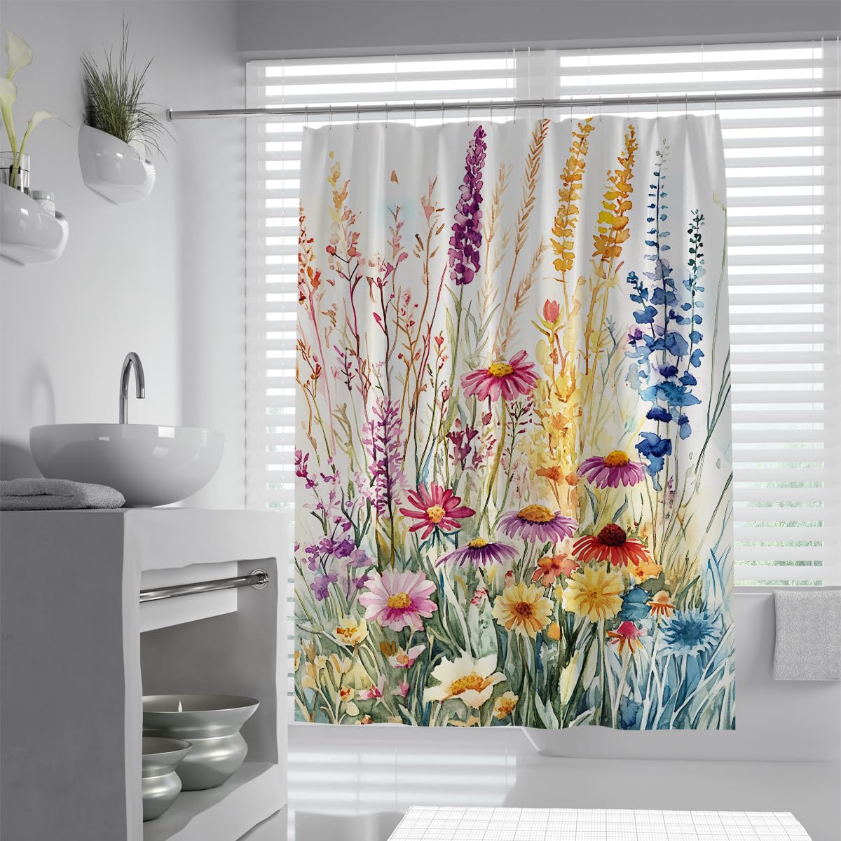 UIRINGART Colorful Wildflower Shower Curtain W200xL220cm Watercolor Garden Print Waterproof Polyester Mildew Proof Quick Dry Bath Screen with Hooks