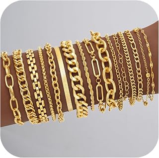 16 PCS Gold Bracelets for Women, Dainty Bracelets Set for Women Trendy, Gold Stackable Cuban Link Paperclip Chain Bracelet Pack Jewelry Gifts for Women