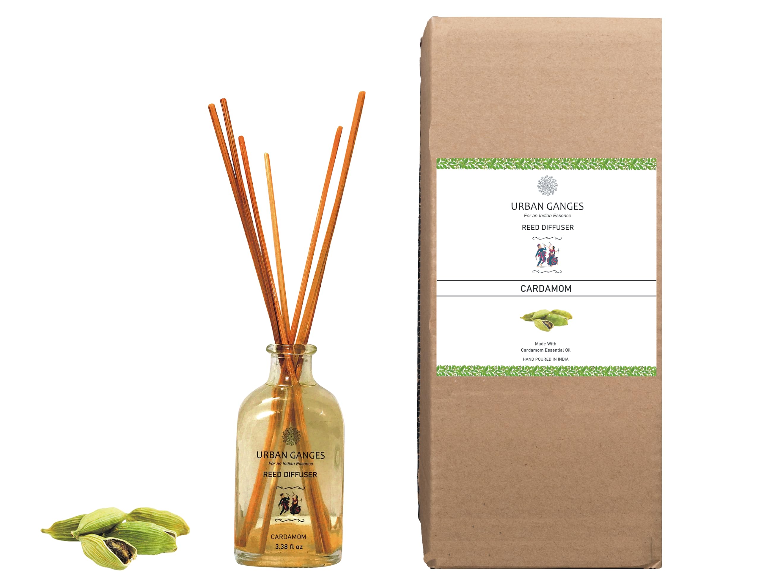 Urban Ganges Reed Diffuser | Cardamom | Made with Cardamom Essential Oil | Luxurious Reed Diffuser | Handpoured in India | 3.38 fl oz | Includes Fibre Reed Sticks