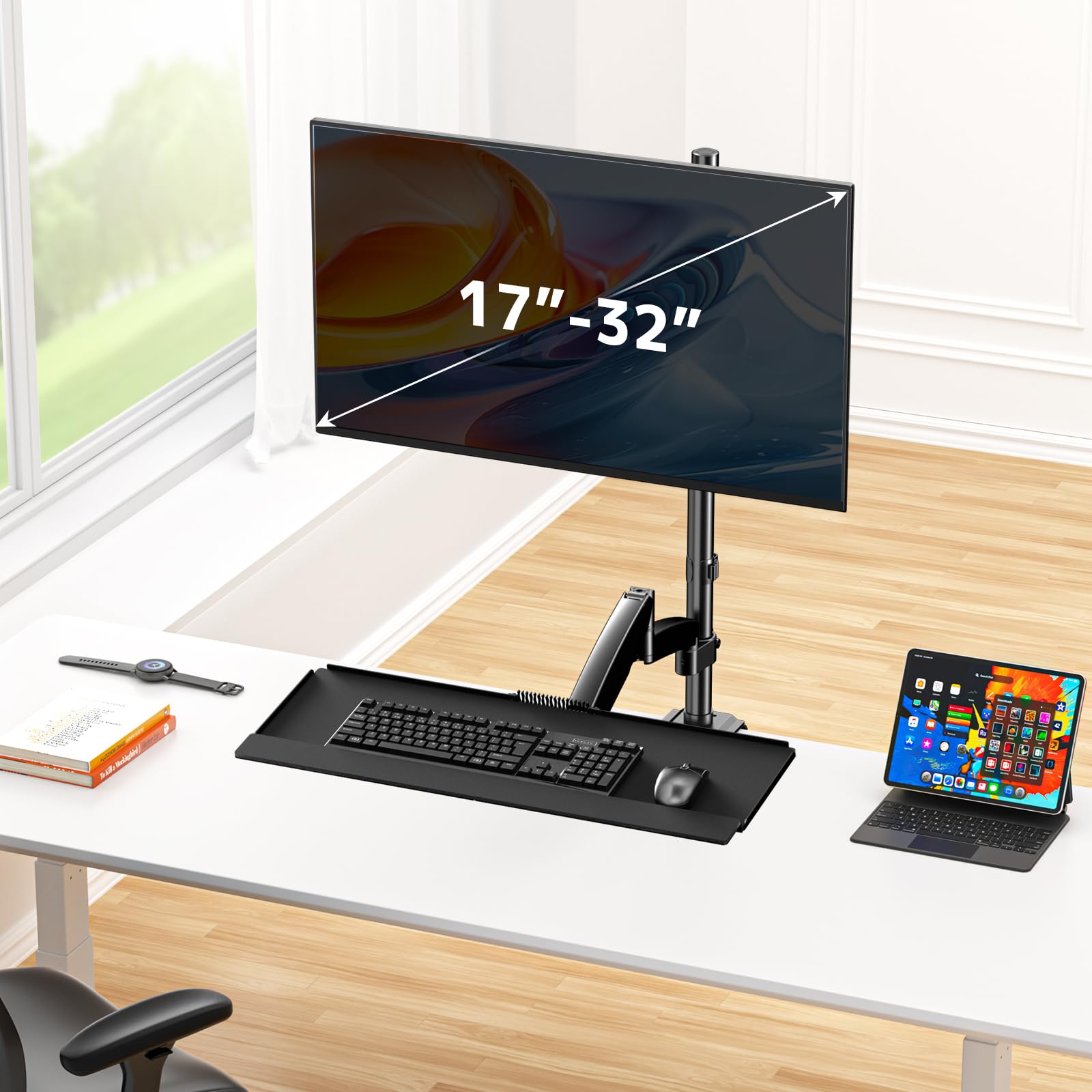 Uchwyt do monitora z półką na klawiaturę – do 17-32 cali sprężyna gazowa uchwyt do 9 kg, uchwyt na klawiaturę pasuje do większości standardowych i oversized keyboardów, wytrzymuje obciążenie do 2,2