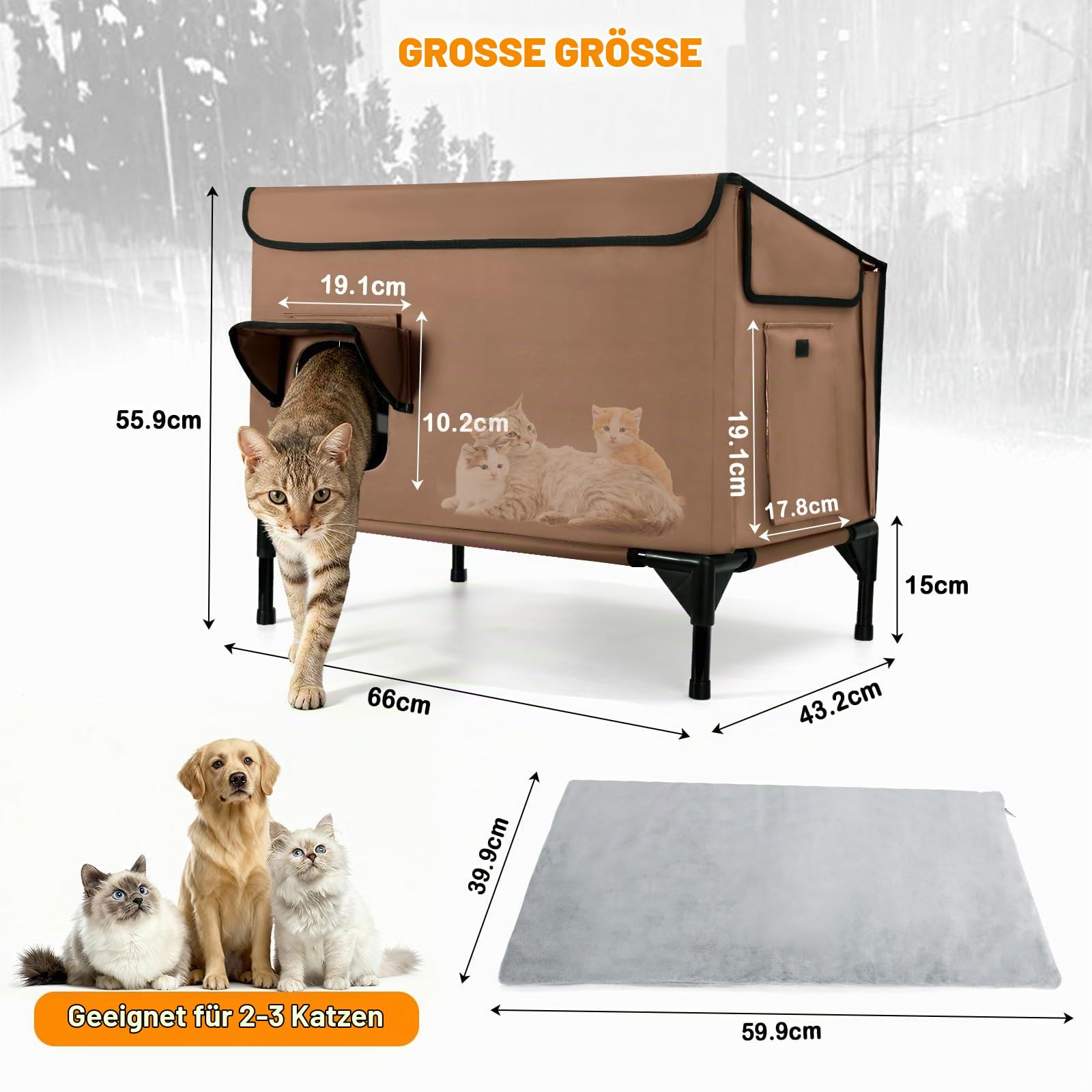 Großes Katzenhaus Outdoor Winterfest Isoliert, Erhöhtes Katzenhaus für Draußen mit Schrägdach und Fluchttür für Verwilderte Freigängerkatzen, Streunerkatzen vom Bauernhof (Braun)