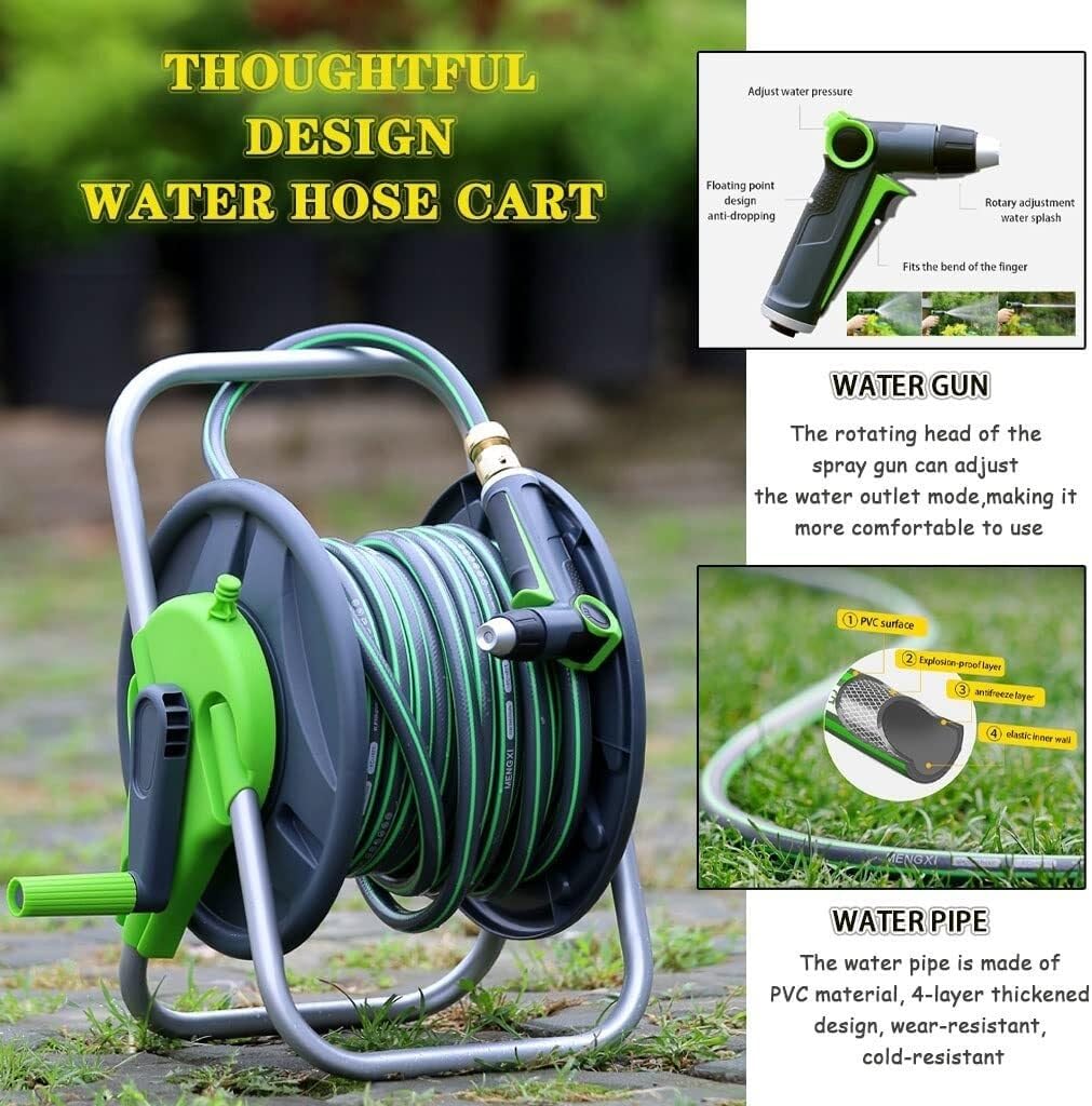 Portable Hose Reel Cart with 30m PVC Hose, Wall Mounted or Hand-held Water Organizer for Garden, Lawn, Pet Bathing, and Outdoor Cleaning (Green)(Hose Cart+10m Pipe)