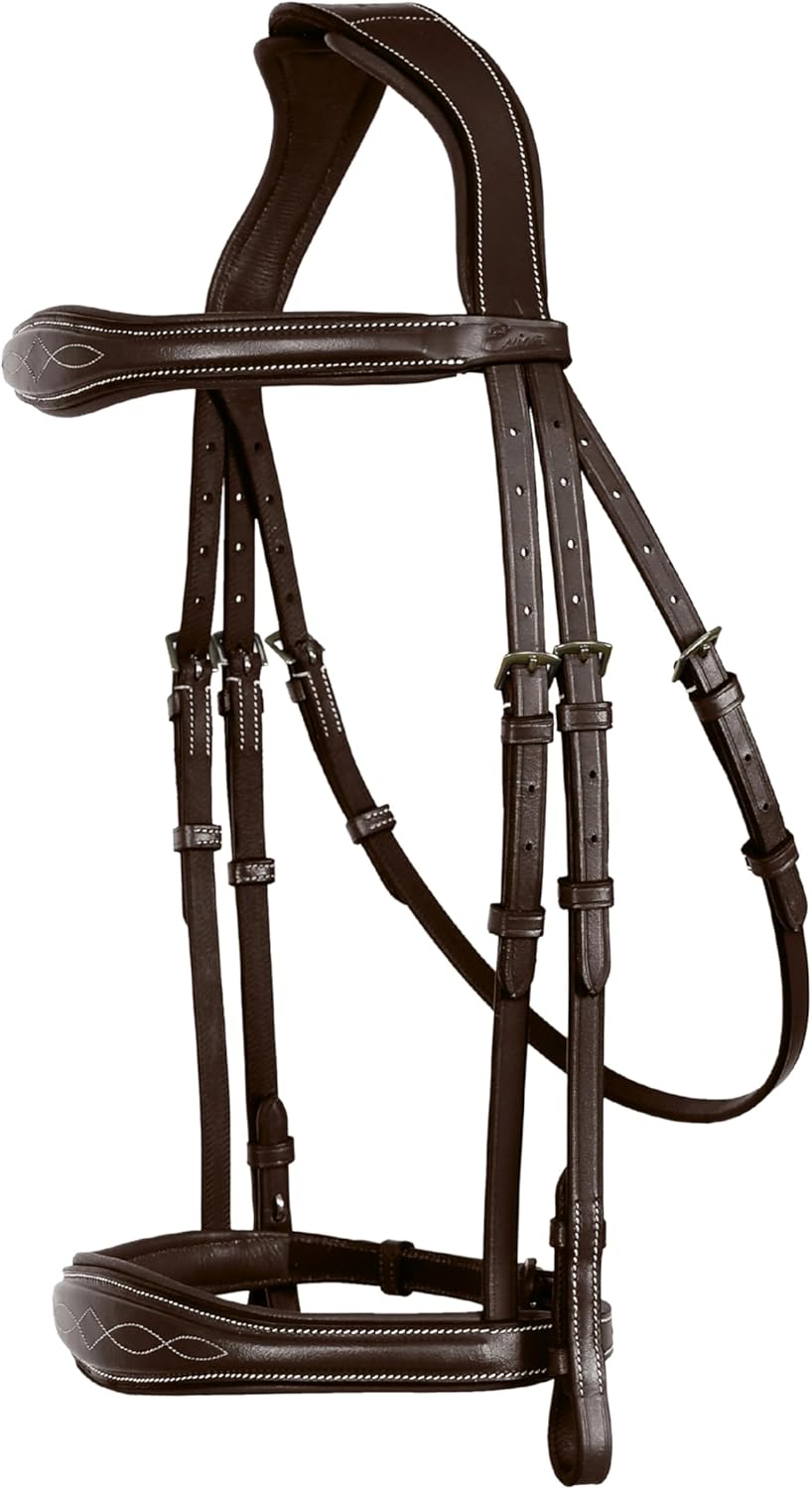 Exion Hunter Anatomic English Bridle for Horses with Rubber Reins | Premium Vegetable-Tanned Leather | Fancy Stitch Raised Padded Bridle | Show, Jumping, Training | Black & Brown | Full, Cob, Over