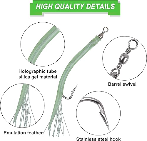 Miniatura 10 de Señuelos de tubo de bajo a rayas, señuelos de arrastre para agua salada, bacalao, aparejo, tubo teaser con gancho de acero inoxidable, barril