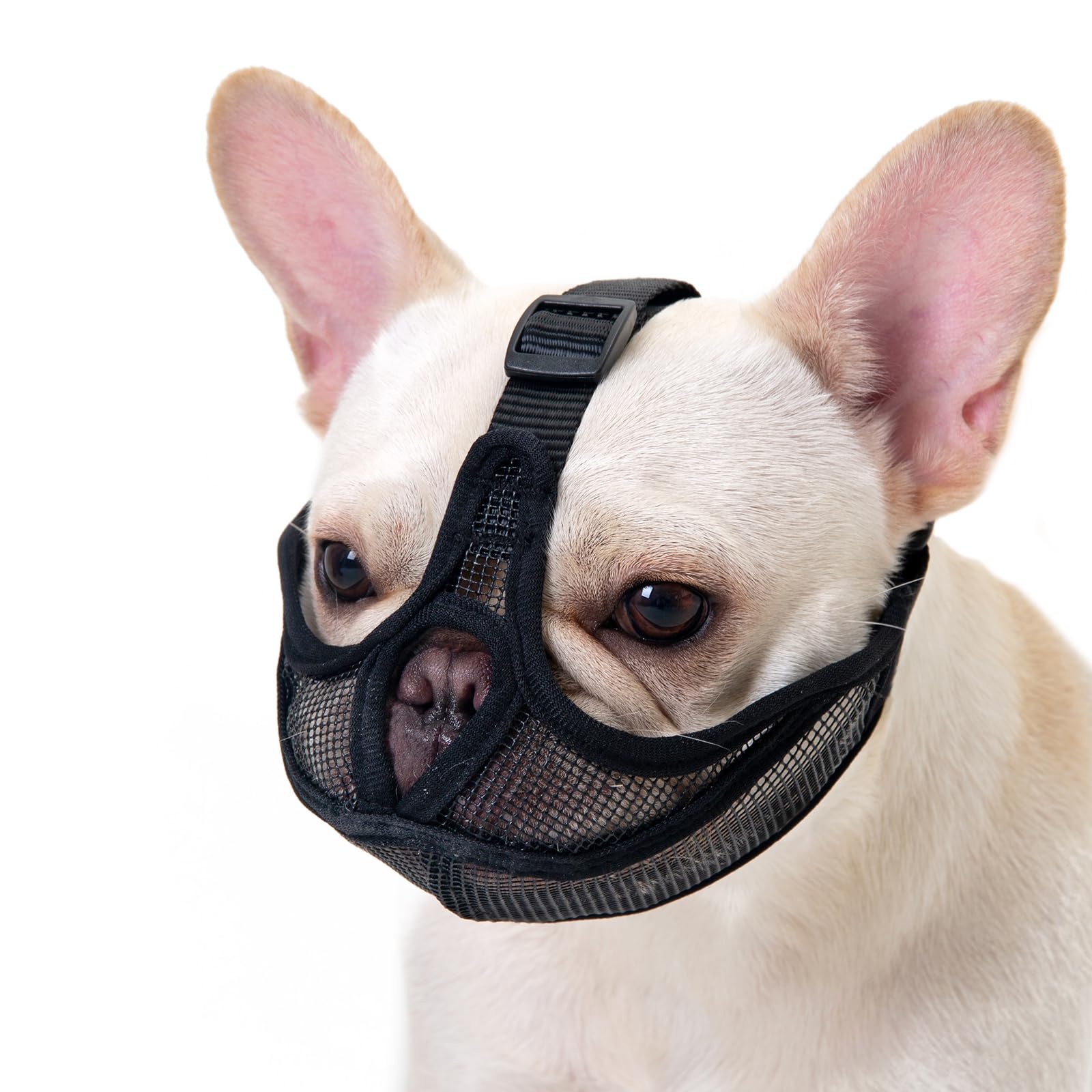 Herrypiggy Short Snout Dog Muzzle with Soft Mesh, Breathable Won’t Cover Forehead Bulldog Muzzle, Anti Biting Chewing Barking for Small Medium Large