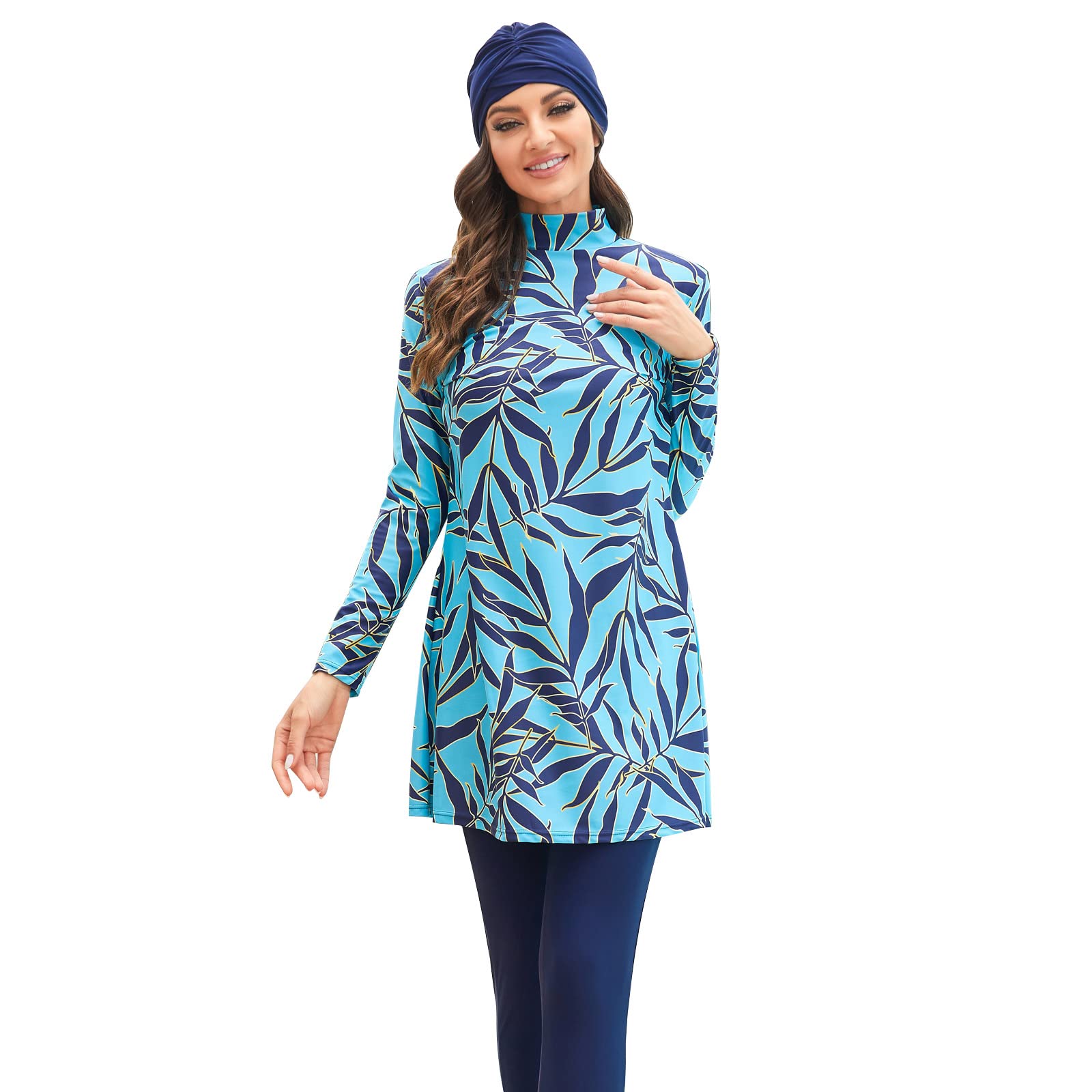 Odizli Maglia da donna musulmana a maniche lunghe con stampa + pantaloni + cuffia da bagno, 3 pezzi Burkini tutto il corpo