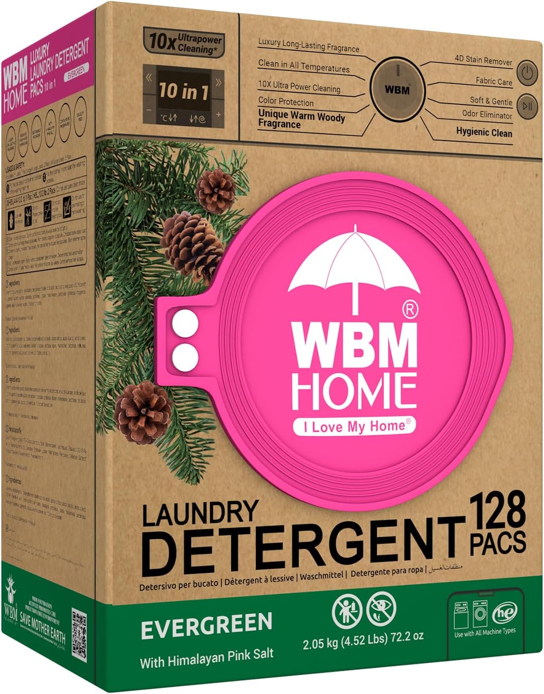 WBM Laundry Detergent Pods - Ultra-Concentrated, Hypoallergenic, Stain-Fighting, Evergreen Scent, 128-Pack, Recyclable Packaging for Eco-Friendly Cleaning